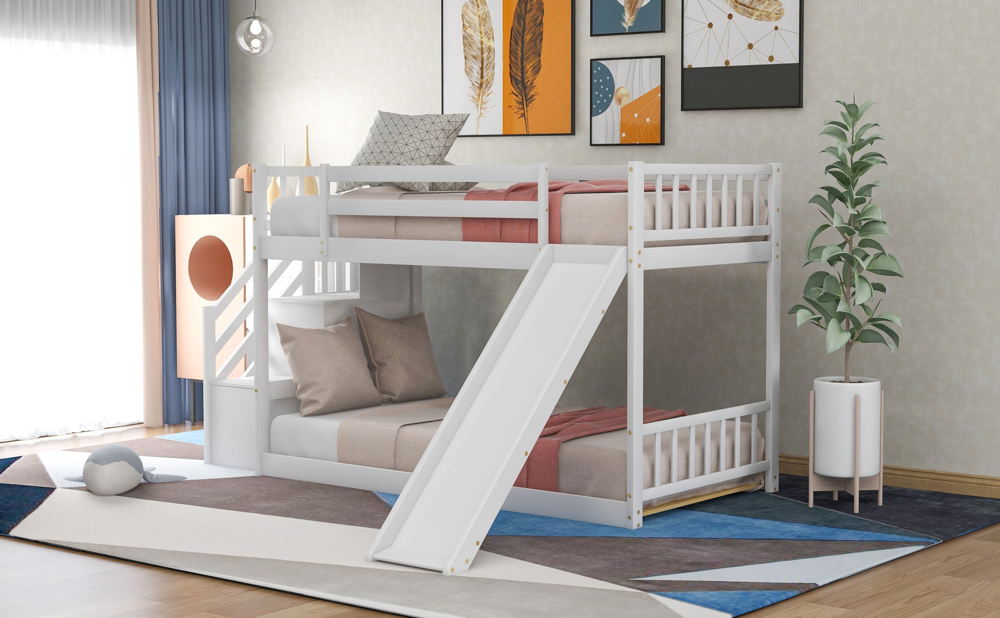 Twin Over Twin Bunk Bed With Convertible Slide And Stairway, White White Pine