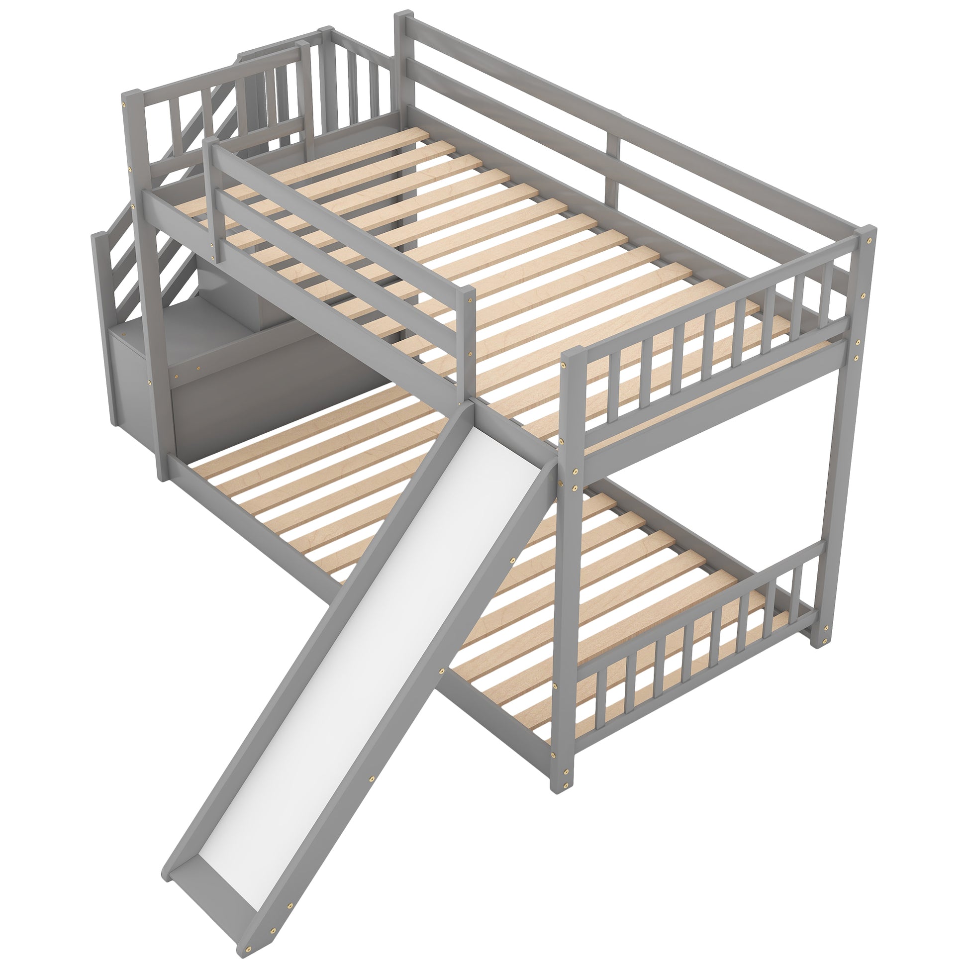 Twin Over Twin Bunk Bed With Convertible Slide And Stairway, Gray Gray Pine