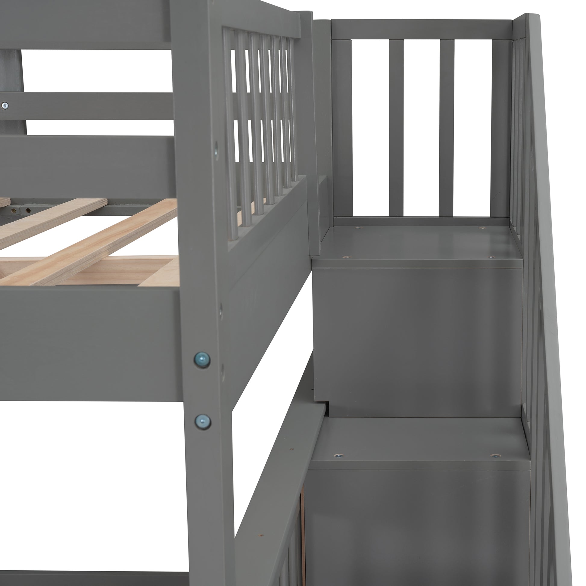 Stairway Full Over Full Bunk Bed With Drawer, Storage And Guard Rail For Bedroom, Gray Color Old Sku: Lp000310Aae Gray Solid Wood