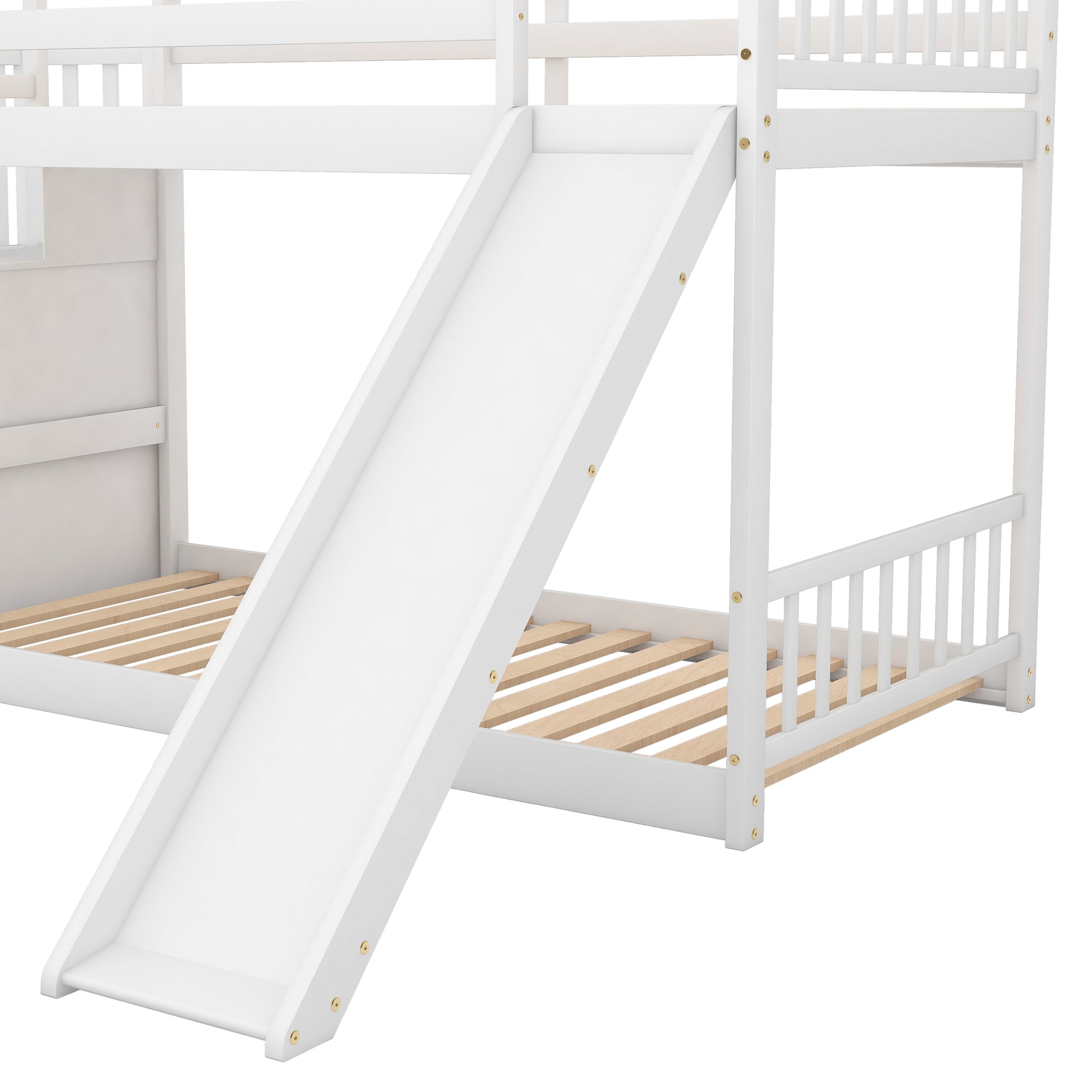 Twin Over Twin Bunk Bed With Convertible Slide And Stairway, White White Pine