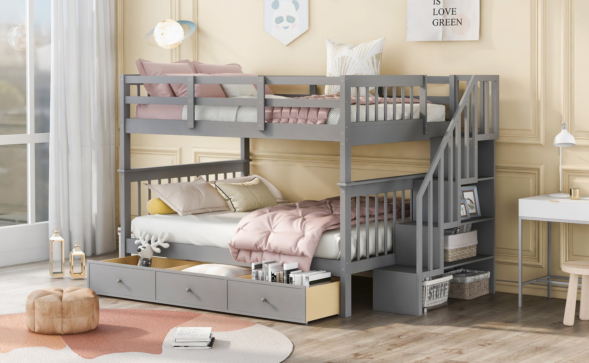 Stairway Full Over Full Bunk Bed With Drawer, Storage And Guard Rail For Bedroom, Gray Color Old Sku: Lp000310Aae Gray Solid Wood