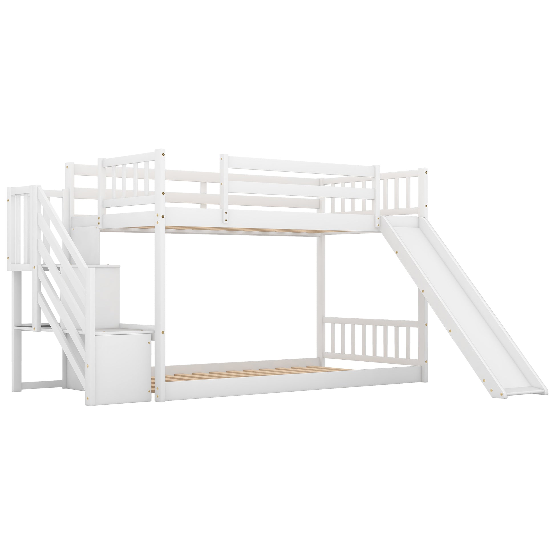 Twin Over Twin Bunk Bed With Convertible Slide And Stairway, White White Pine