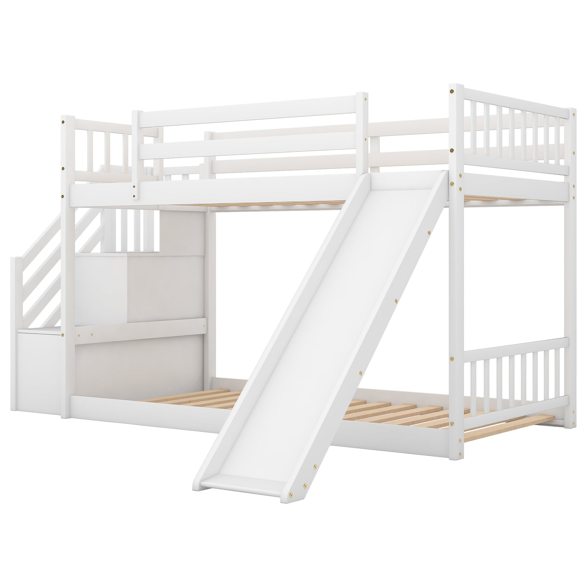 Twin Over Twin Bunk Bed With Convertible Slide And Stairway, White White Pine