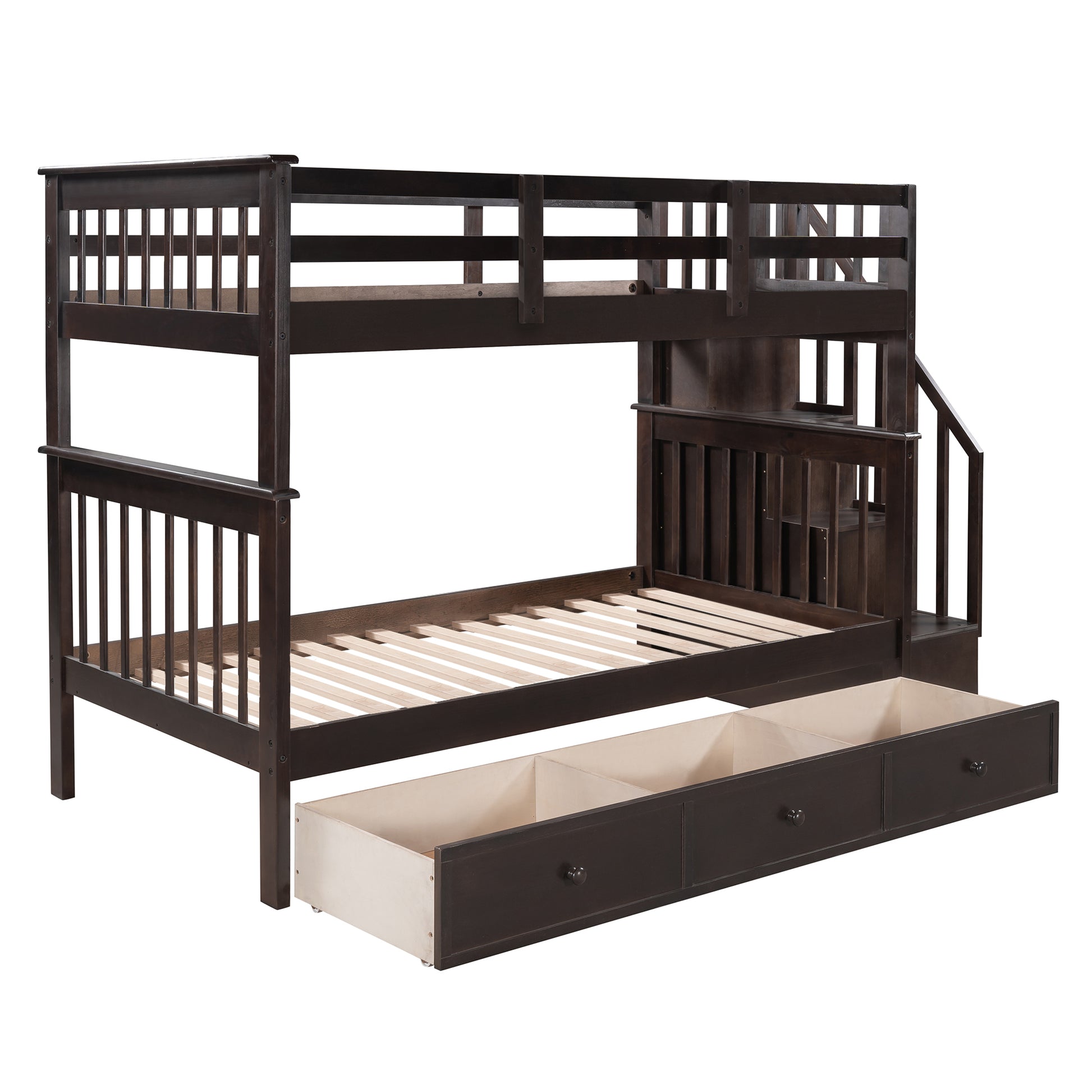 Stairway Twin Over Twin Bunk Bed With Three Drawers For Bedroom, Dorm Espresso Old Sku: Lp000309Aap Espresso Solid Wood