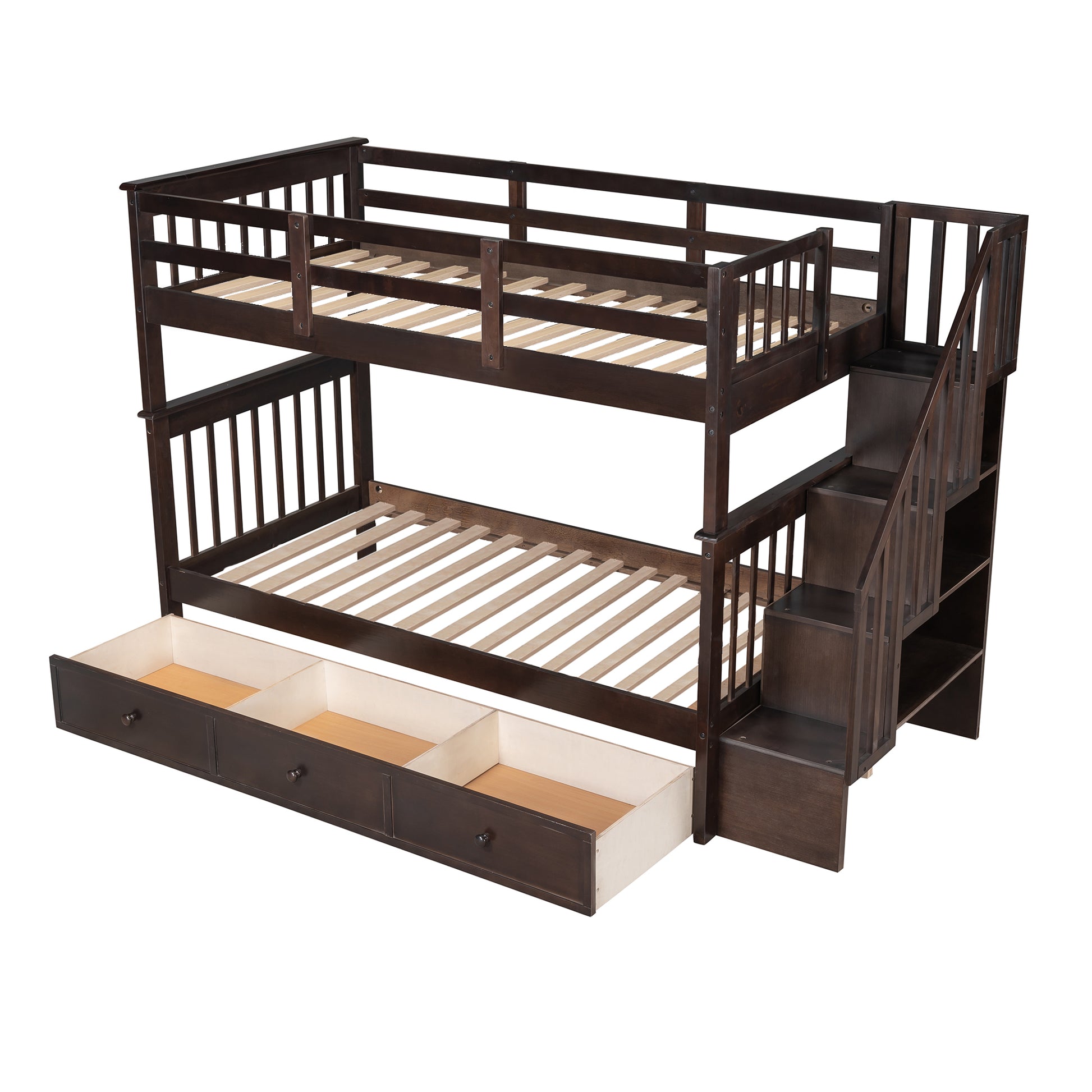 Stairway Twin Over Twin Bunk Bed With Three Drawers For Bedroom, Dorm Espresso Old Sku: Lp000309Aap Espresso Solid Wood