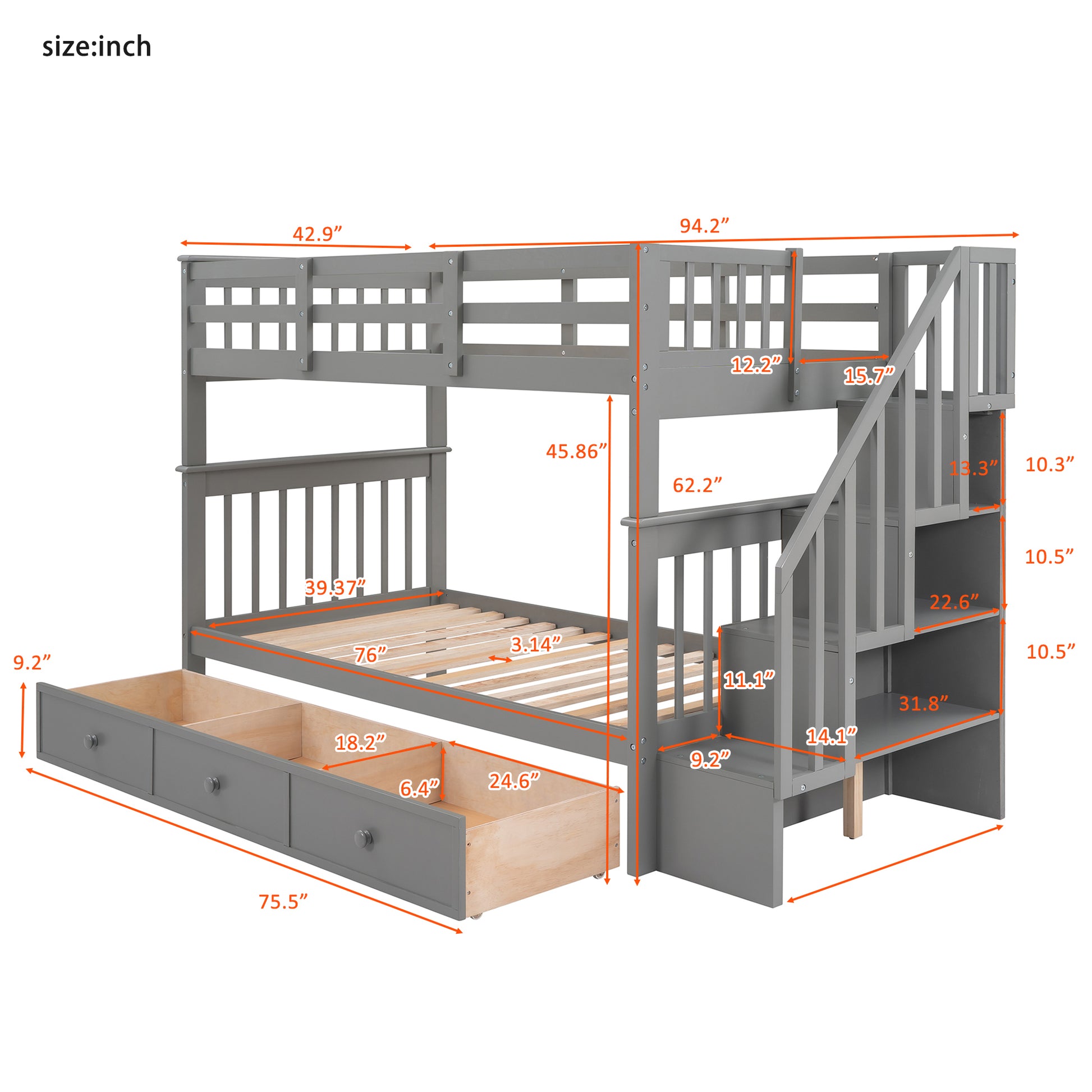 Stairway Twin Over Twin Bunk Bed With Three Drawers For Bedroom, Dorm Gray Old Sku: Lp000309Aae Gray Solid Wood