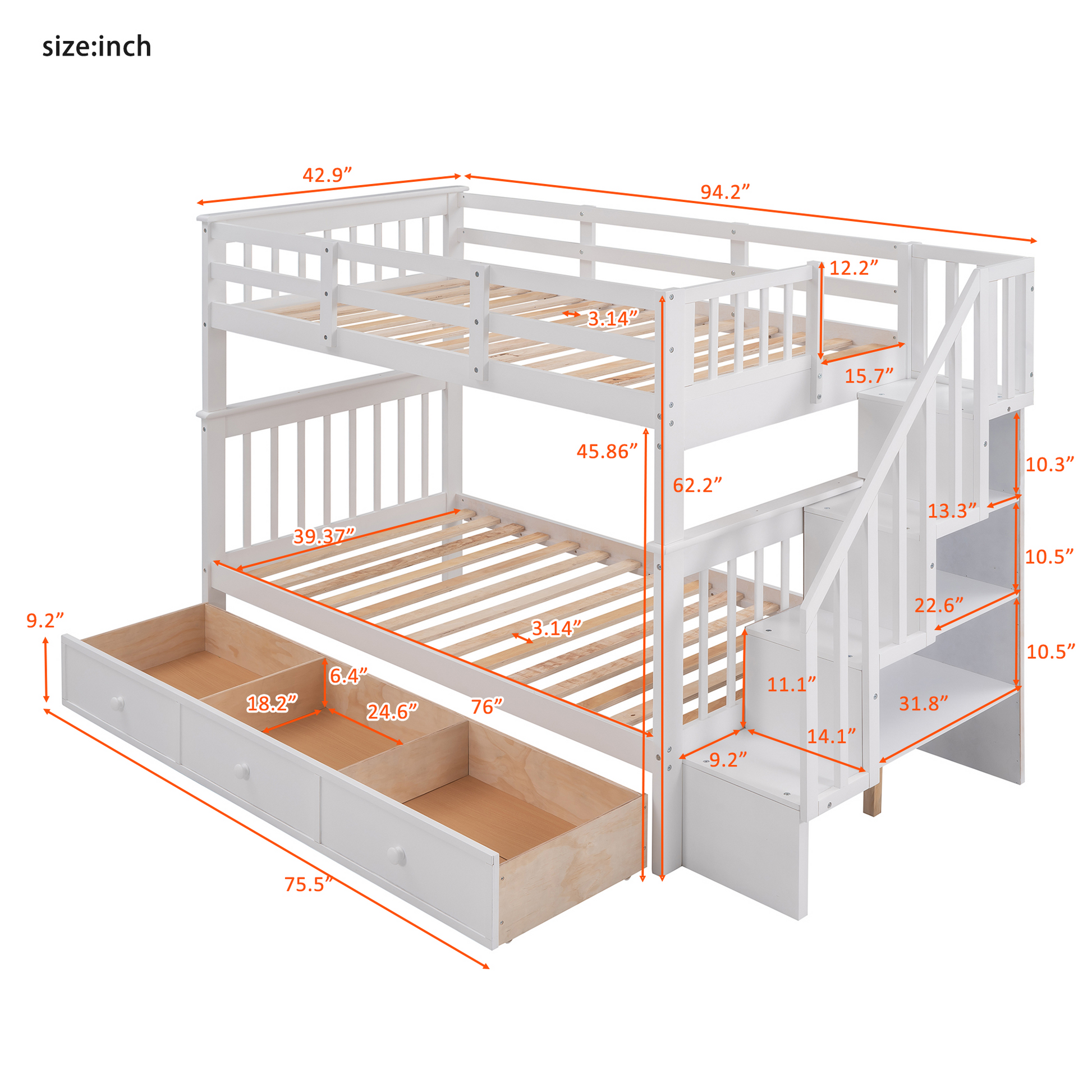 Stairway Twin Over Twin Bunk Bed With Three Drawers For Bedroom, Dorm White Old Sku: Lp000309Aak White Solid Wood