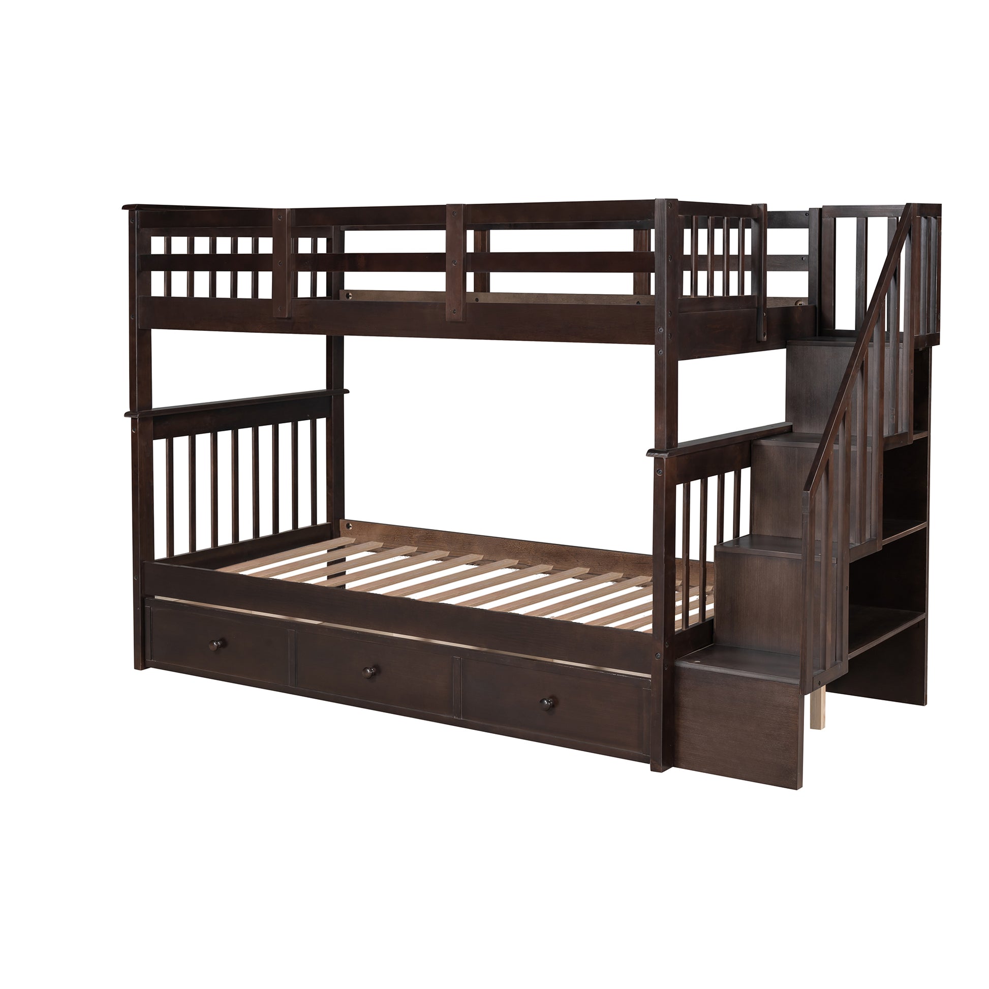 Stairway Twin Over Twin Bunk Bed With Three Drawers For Bedroom, Dorm Espresso Old Sku: Lp000309Aap Espresso Solid Wood