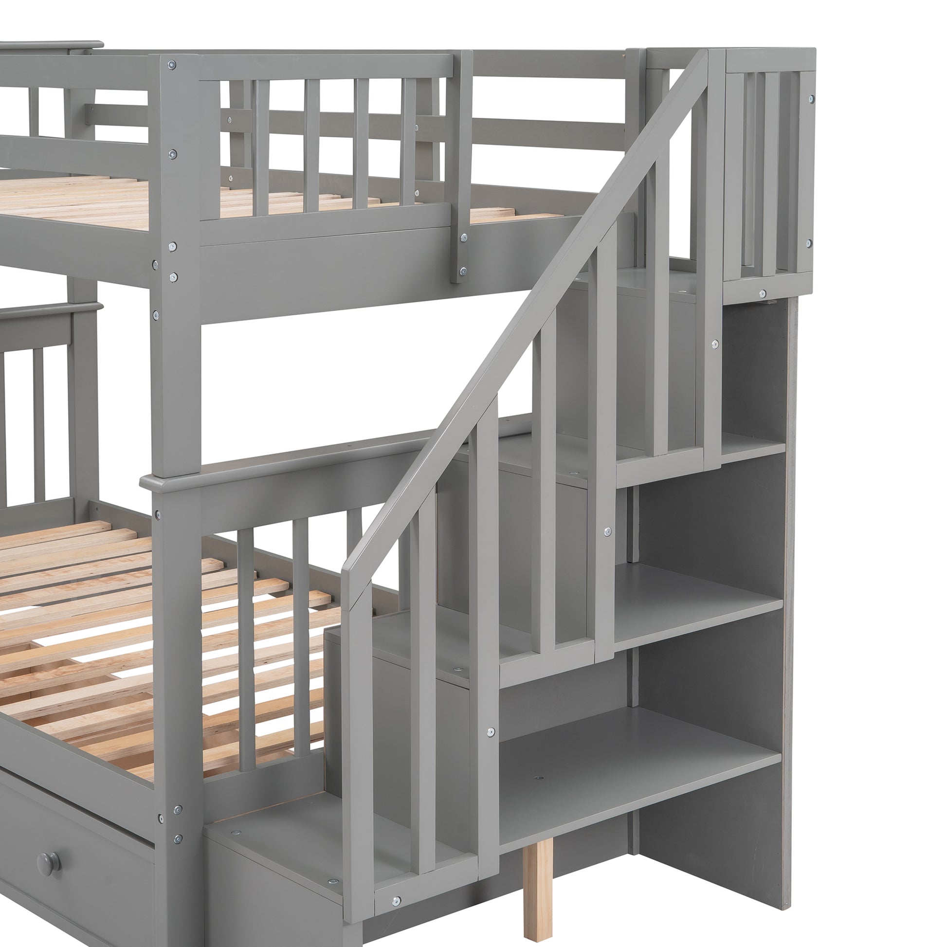 Stairway Twin Over Twin Bunk Bed With Three Drawers For Bedroom, Dorm Gray Old Sku: Lp000309Aae Gray Solid Wood