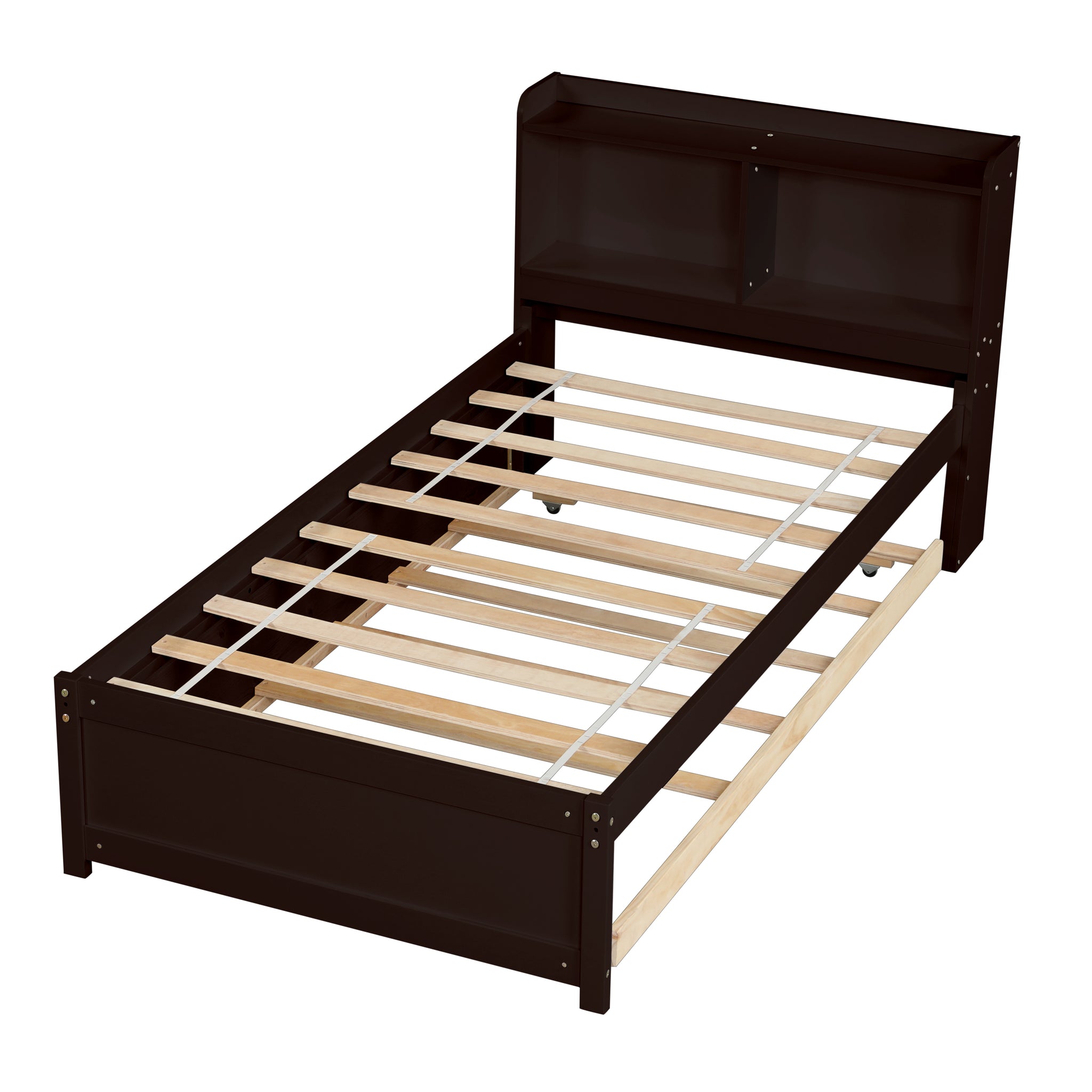 Twin Bed With Trundle,Bookcase,Espresso Twin Espresso Pine