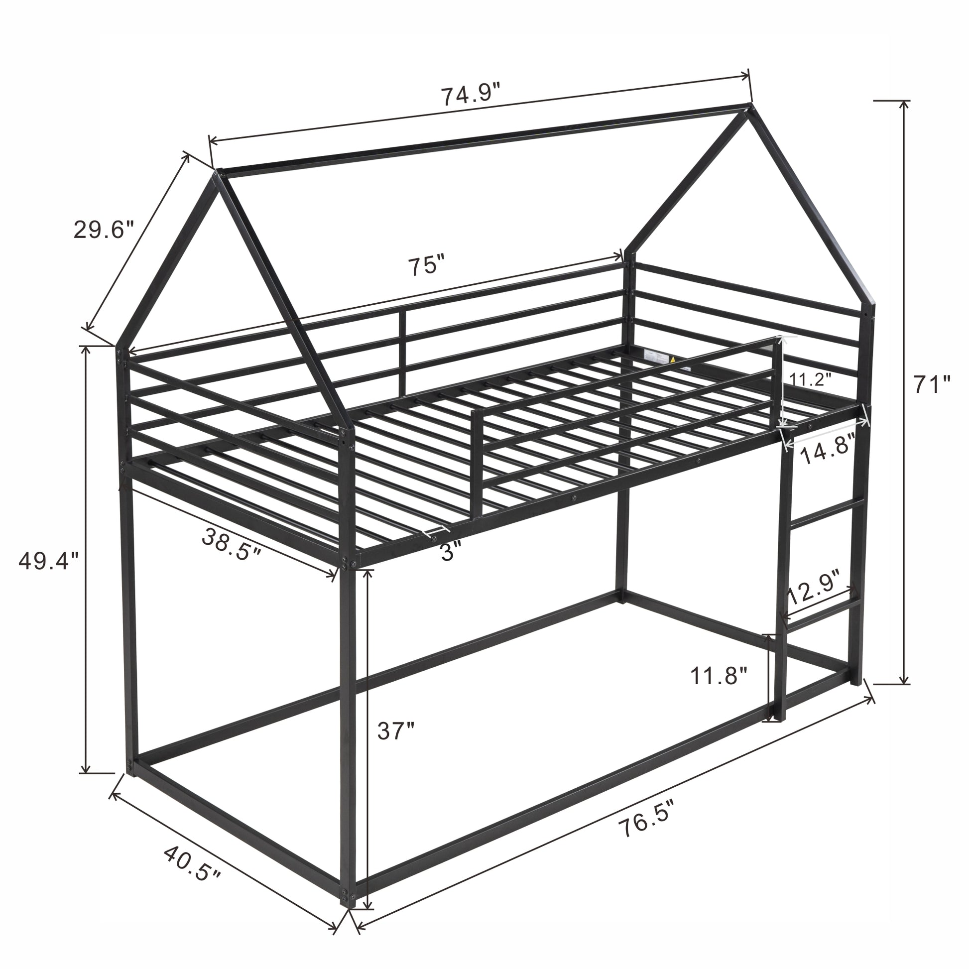 Twin Over Twin House Bunk Bed With Built In Ladder,Black Black Metal