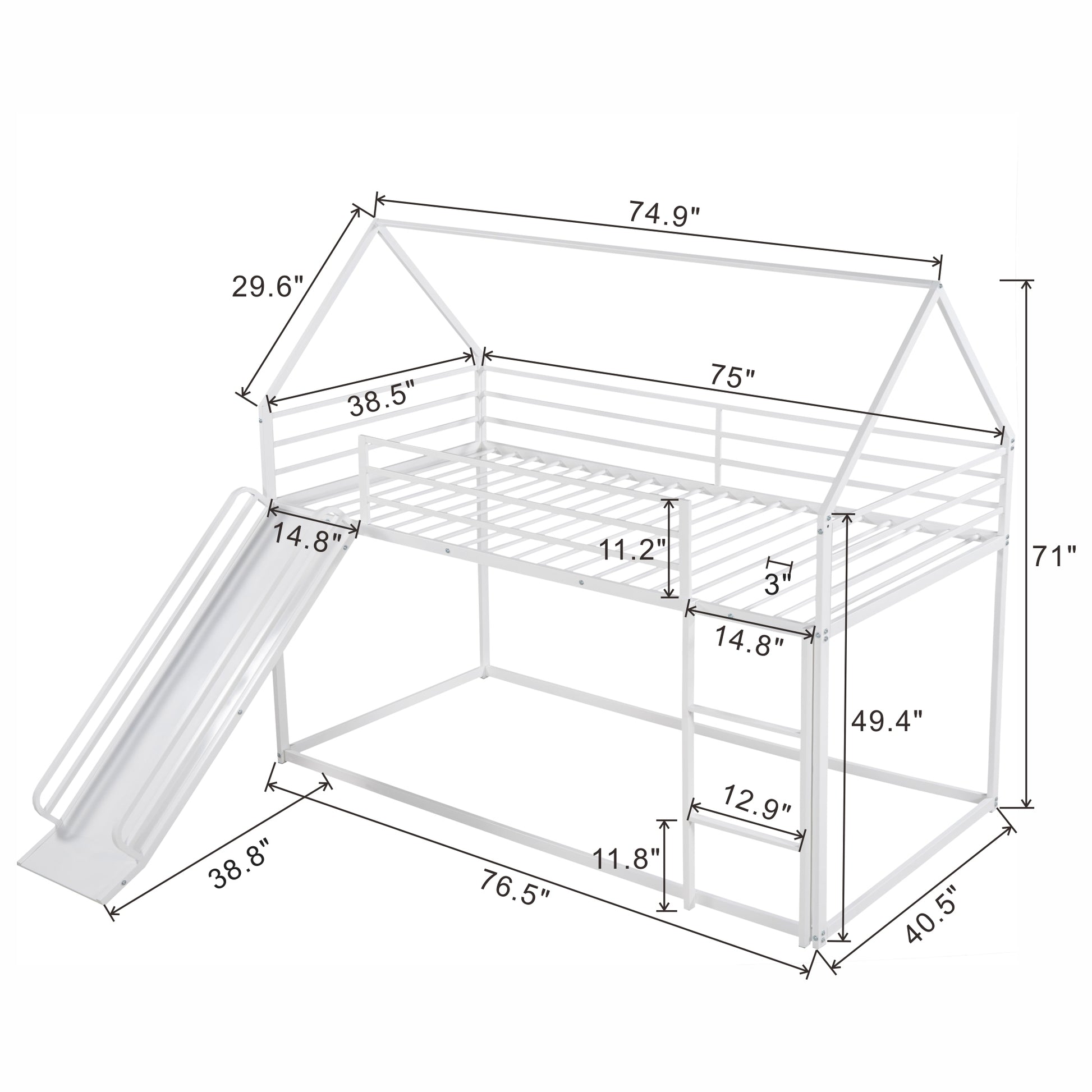 Twin Over Twin House Bunk Bed With Ladder And Slide,White White Metal