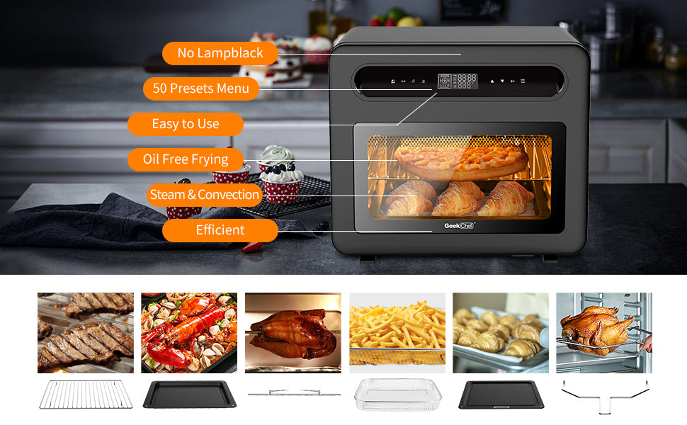 Geek Chef Steam Air Fryer Toast Oven Combo26 Qt Steam Convection Oven Countertop50 Cooking Presets, With 6 Slice Toast, 12" Pizza, Black Stainless Steel Black Stainless Steel