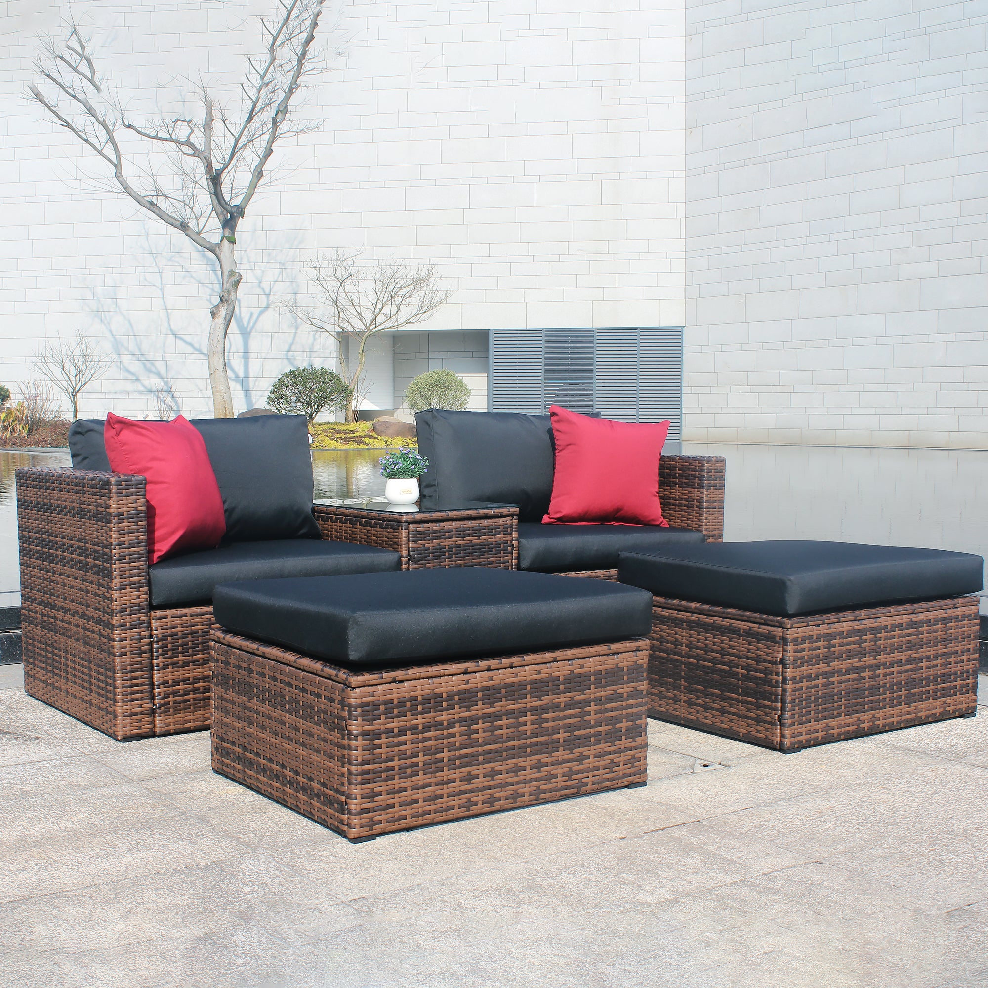 Updated 5 Pieces Outdoor Patio Garden Brown Wicker Sectional Conversation Sofa Set With Black Cushions And Red Pillows,W Furniture Protection Cover Yes Sectional Brown Seats 4 Mildew Resistant Frame Garden & Outdoor American Design Sectional Seating