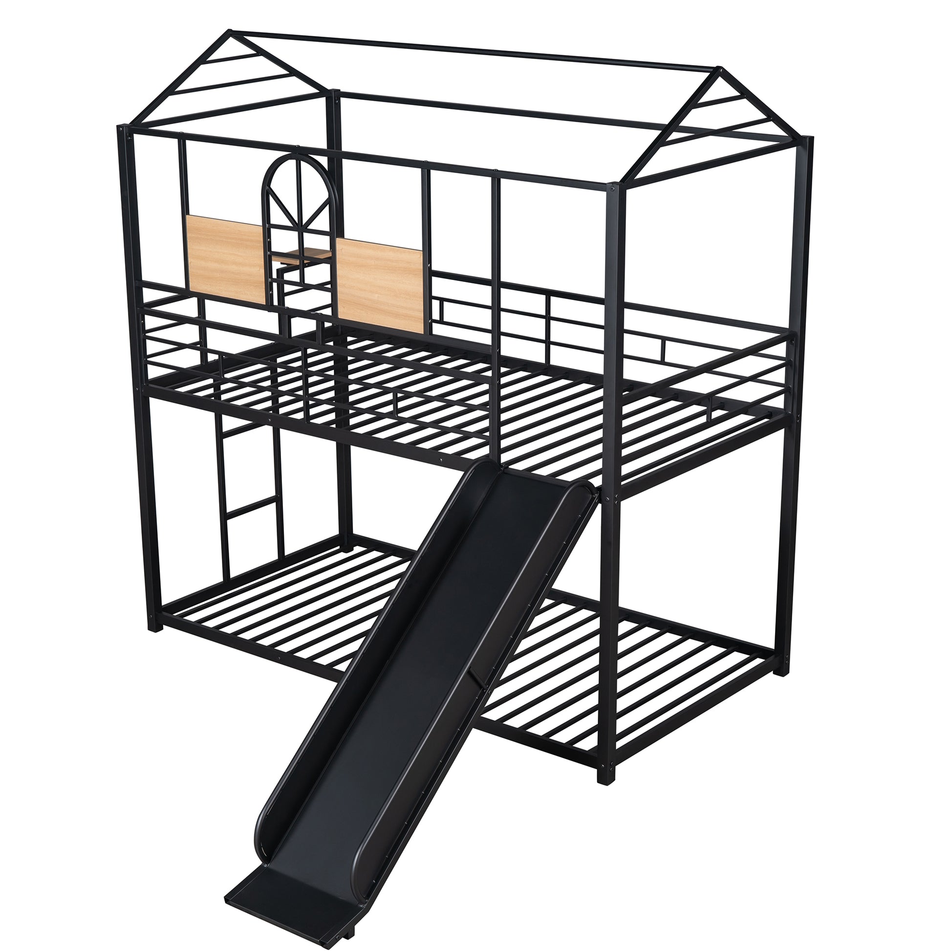 Twin Over Twin Metal Bunk Bed ,Metal Housebed With Slide,Three Colors Available. Black With Black Slide Old Sku :Lp000095Aab Twin Black Metal