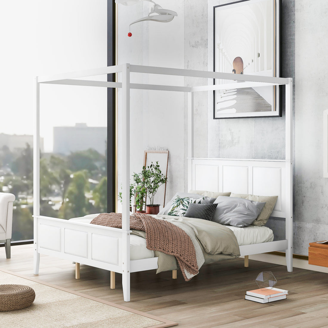 Queen Size Canopy Platform Bed With Headboard And Footboard,Slat Support Leg,White Box Spring Not Required Queen White Wood Canopy Pine