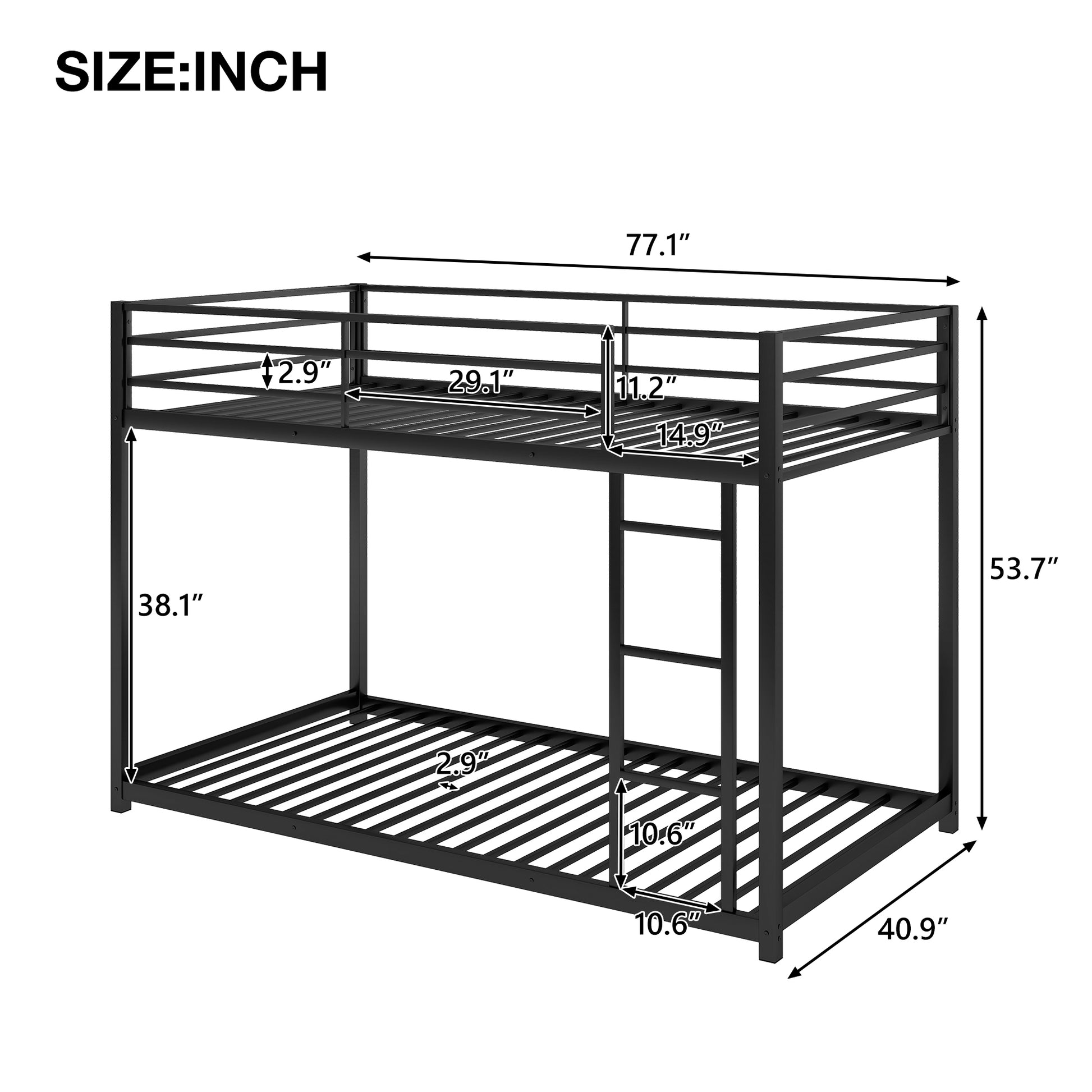 Twin Over Twin Metal Bunk Bed, Low Bunk Bed With Ladder, Black Old Sku:Wf282465Aab Black Steel