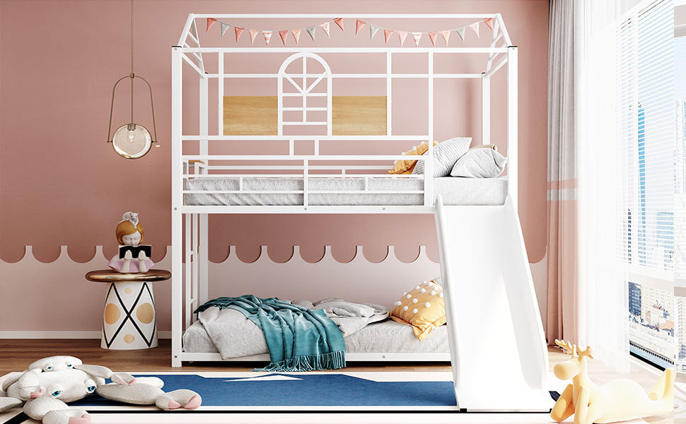 Twin Over Twin Metal Bunk Bed ,Metal Housebed With Slide,Three Colors Available. White With White Slide Old Sku :Lp000095Aak Twin White Metal