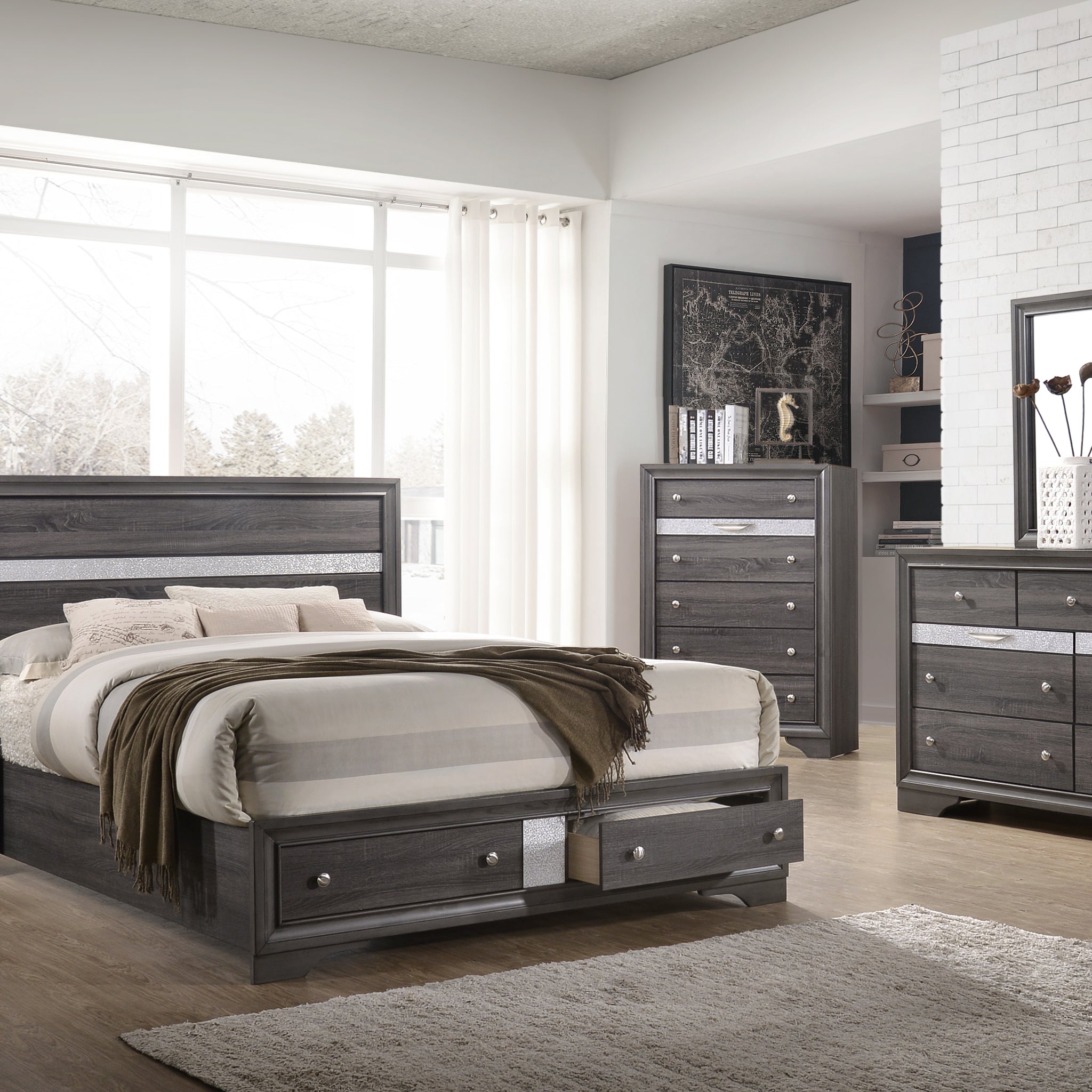 Traditional Style King 5 Piece Storage Bedroom Set Made With Wood In Gray Box Spring Not Required King Grey Wood 5 Piece Set Bedroom Bed Included,Chest Included,Dresser Included,Mirror