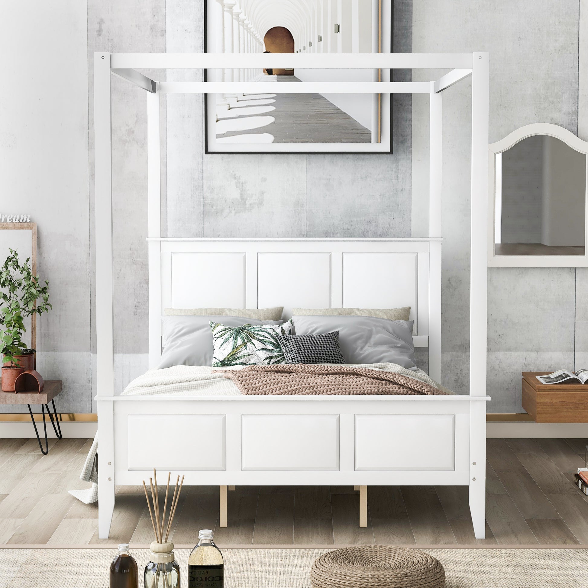 Queen Size Canopy Platform Bed With Headboard And Footboard,Slat Support Leg,White Box Spring Not Required Queen White Wood Canopy Pine