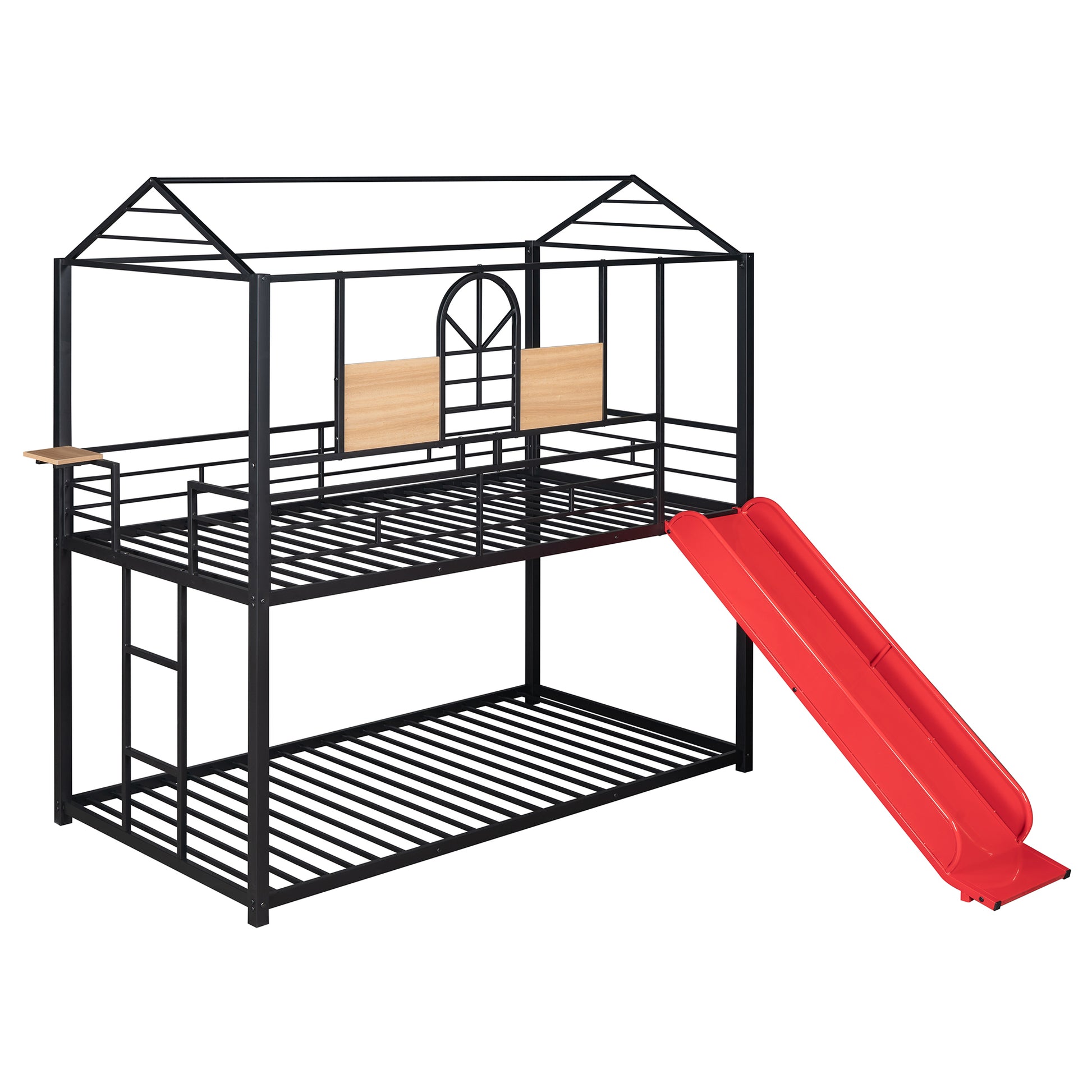 Twin Over Twin Metal Bunk Bed ,Metal Housebed With Slide,Three Colors Available. Black With Red Slide Old Sku :Lp000095Aaj Twin Red Metal