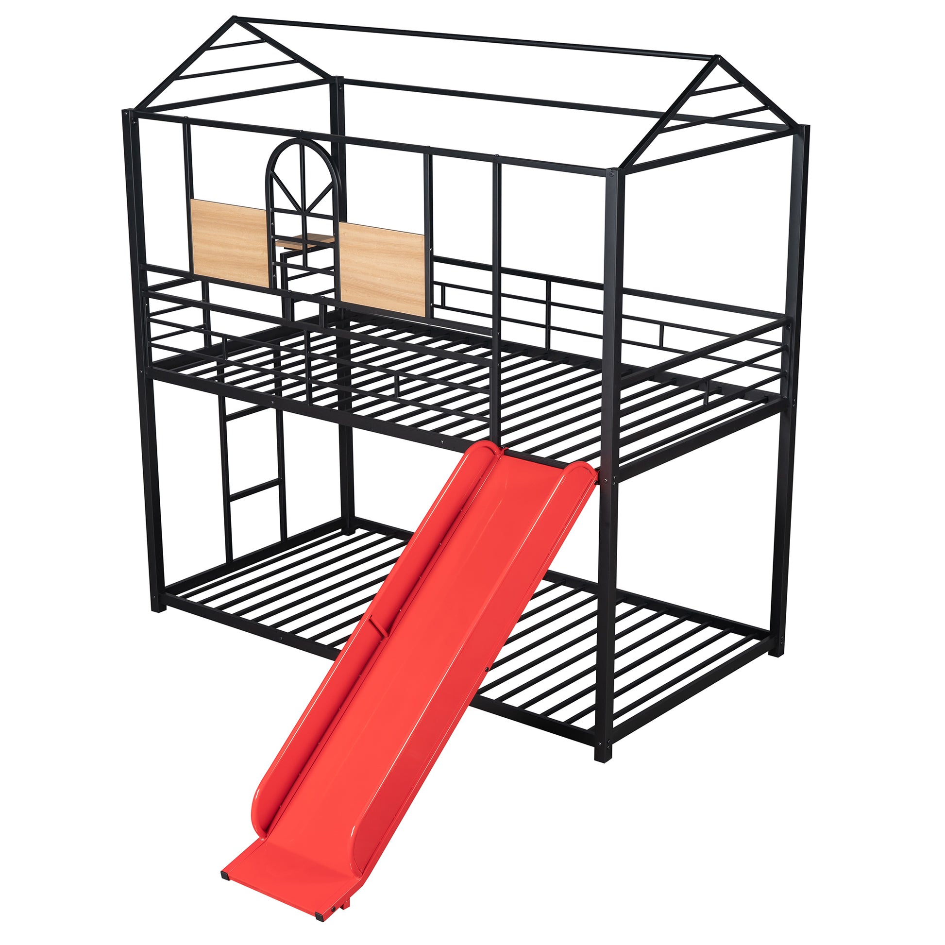 Twin Over Twin Metal Bunk Bed ,Metal Housebed With Slide,Three Colors Available. Black With Red Slide Old Sku :Lp000095Aaj Twin Red Metal