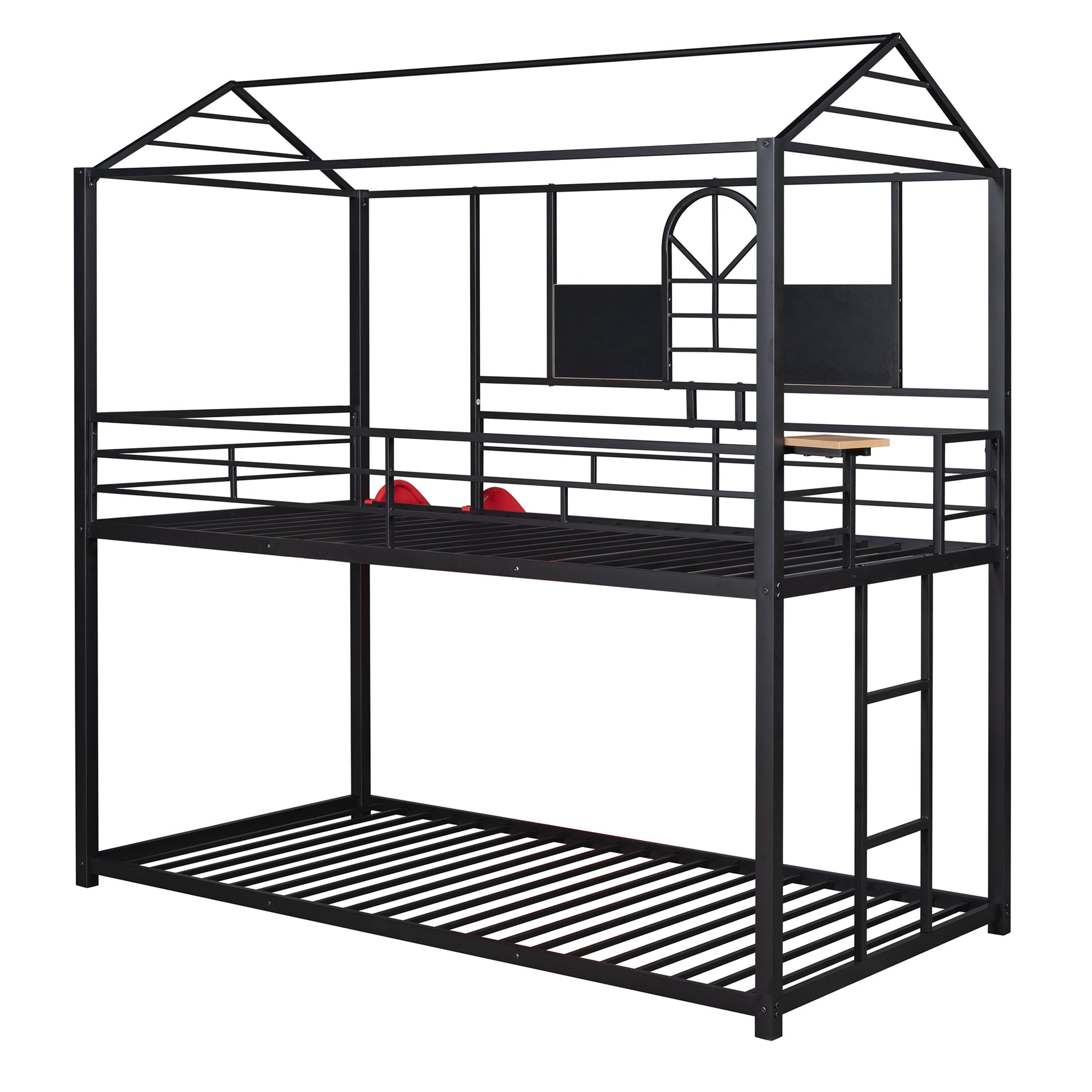 Twin Over Twin Metal Bunk Bed ,Metal Housebed With Slide,Three Colors Available. Black With Red Slide Old Sku :Lp000095Aaj Twin Red Metal