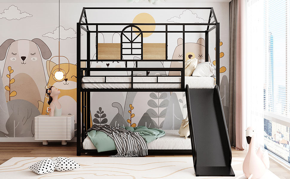 Twin Over Twin Metal Bunk Bed ,Metal Housebed With Slide,Three Colors Available. Black With Black Slide Old Sku :Lp000095Aab Twin Black Metal