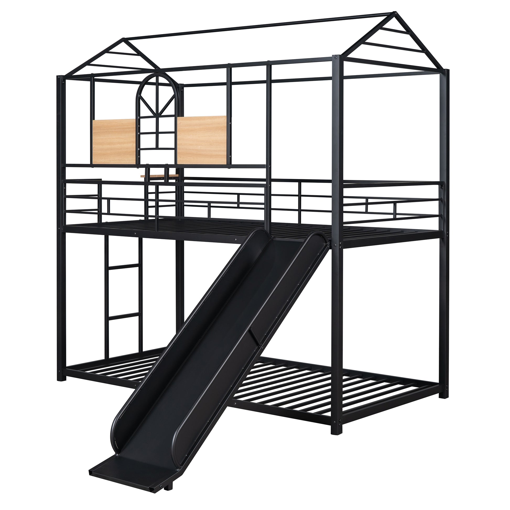 Twin Over Twin Metal Bunk Bed ,Metal Housebed With Slide,Three Colors Available. Black With Black Slide Old Sku :Lp000095Aab Twin Black Metal