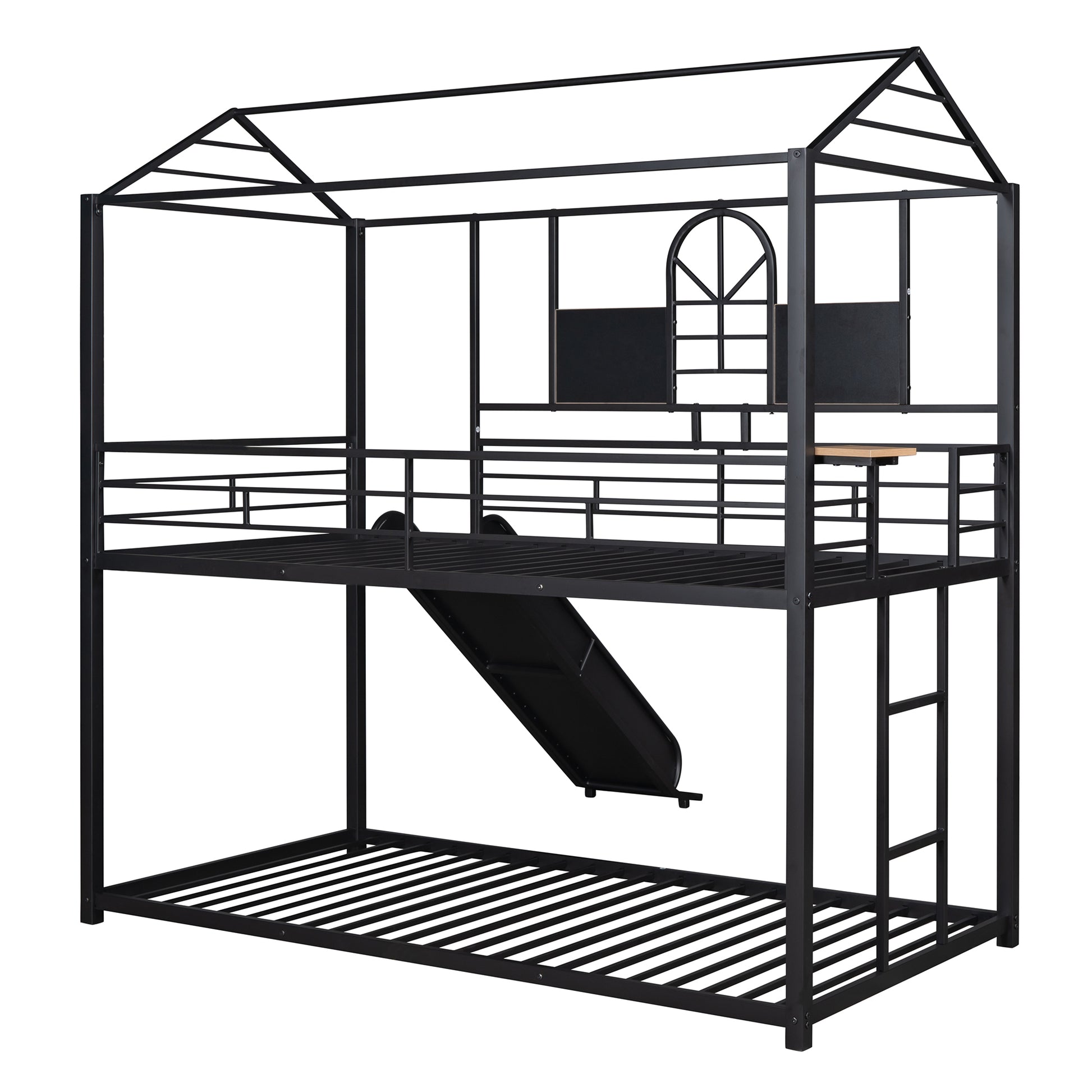 Twin Over Twin Metal Bunk Bed ,Metal Housebed With Slide,Three Colors Available. Black With Black Slide Old Sku :Lp000095Aab Twin Black Metal