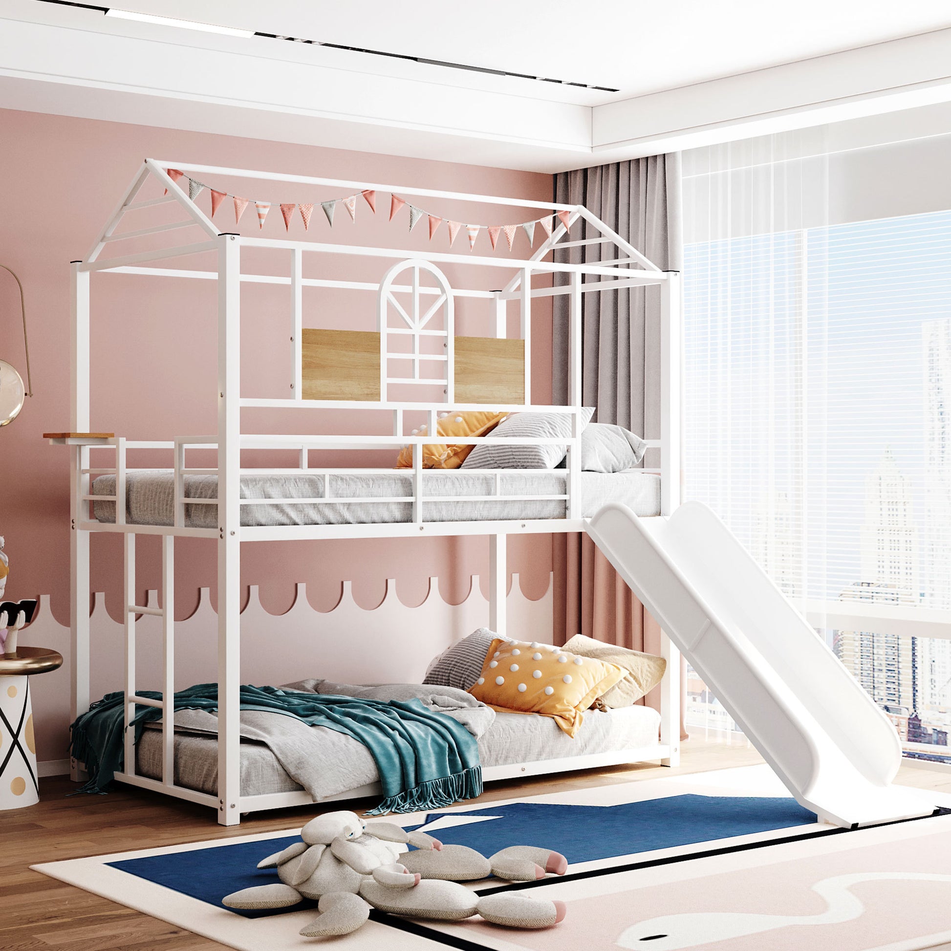 Twin Over Twin Metal Bunk Bed ,Metal Housebed With Slide,Three Colors Available. White With White Slide Old Sku :Lp000095Aak Twin White Metal