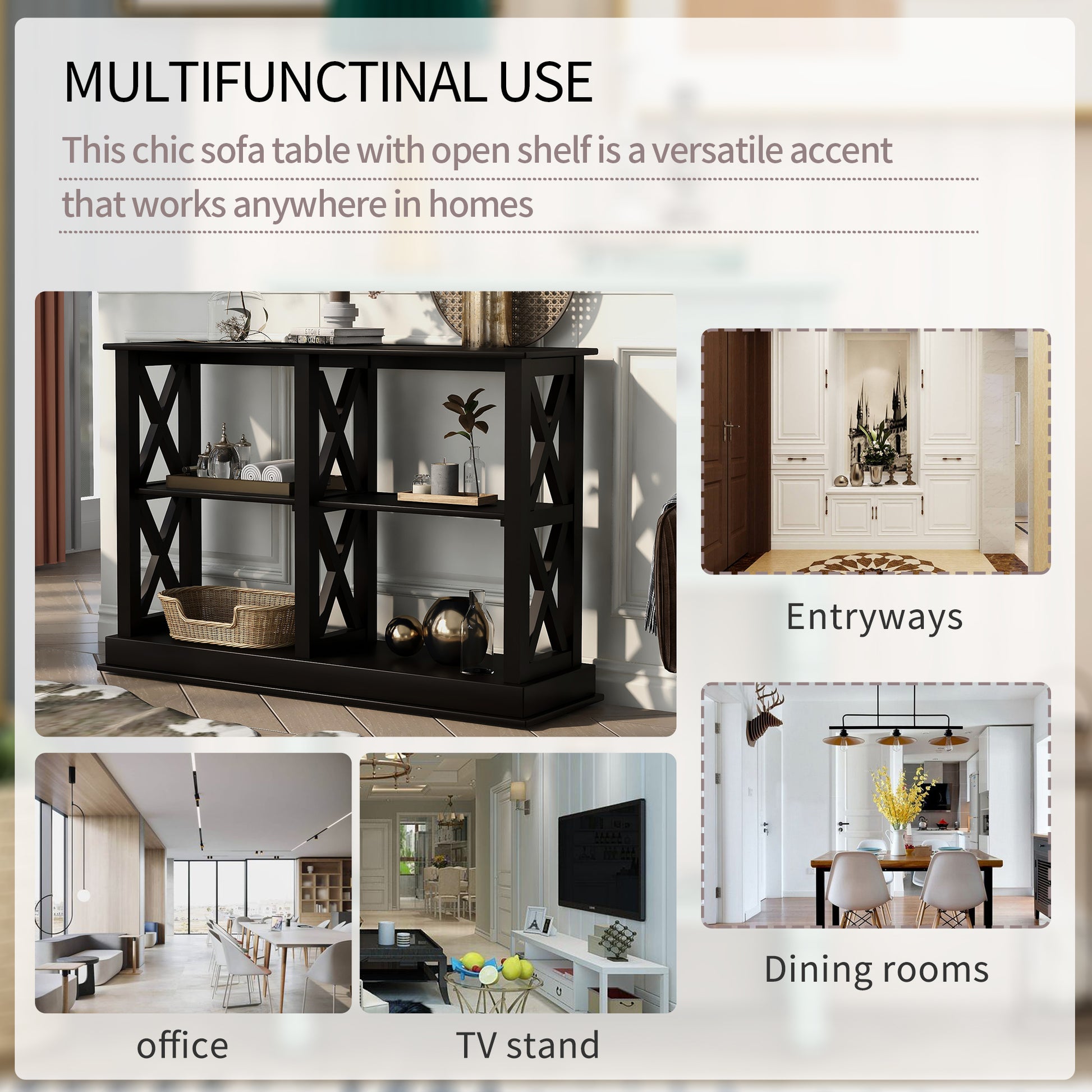 Console Table With 3 Tier Open Storage Spaces And "X" Legs, Narrow Sofa Entry Table For Living Room, Entryway And Hallway Black Black Solid Wood