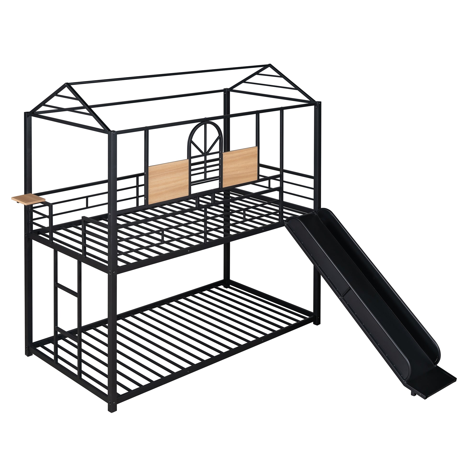 Twin Over Twin Metal Bunk Bed ,Metal Housebed With Slide,Three Colors Available. Black With Black Slide Old Sku :Lp000095Aab Twin Black Metal