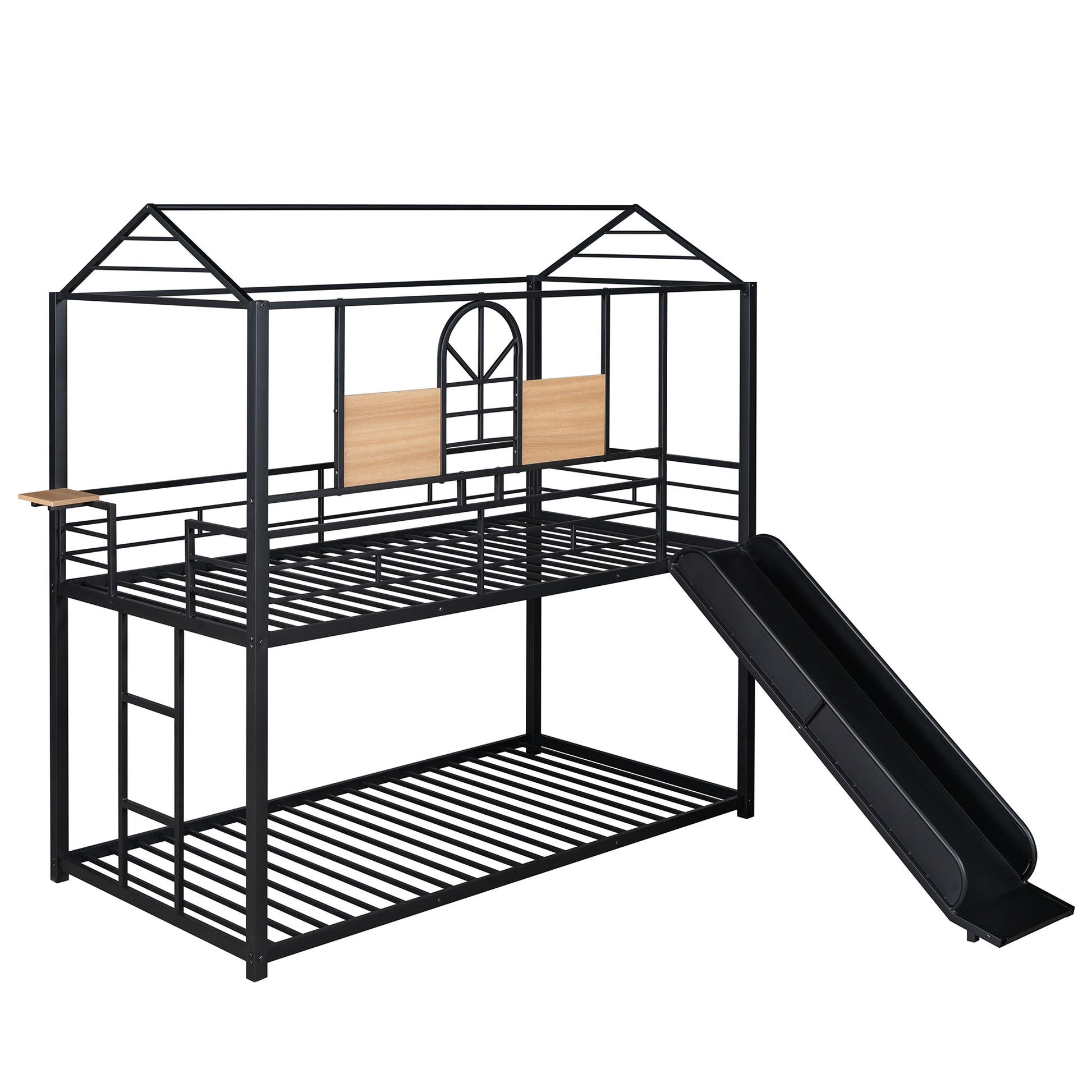 Twin Over Twin Metal Bunk Bed ,Metal Housebed With Slide,Three Colors Available. Black With Black Slide Old Sku :Lp000095Aab Twin Black Metal