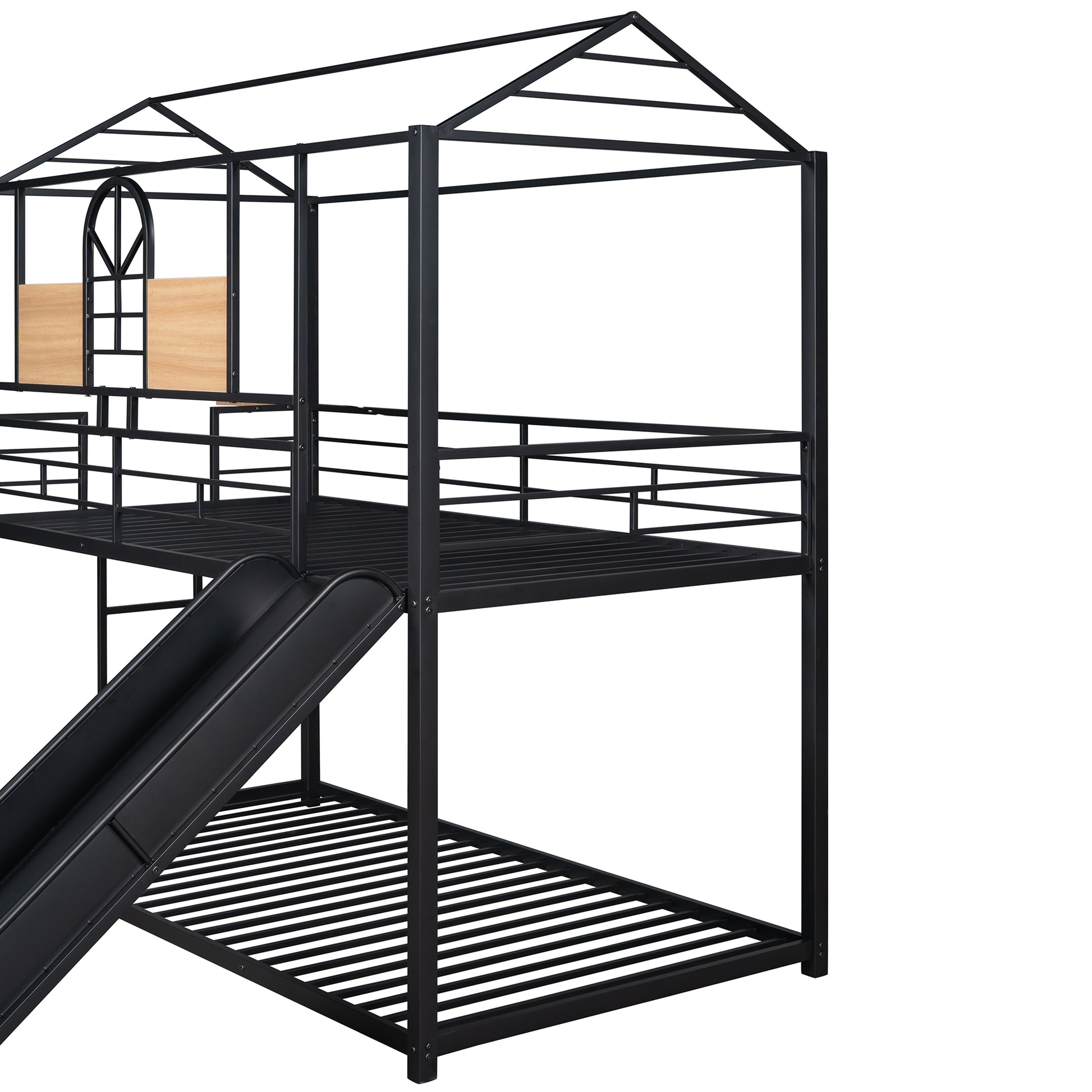 Twin Over Twin Metal Bunk Bed ,Metal Housebed With Slide,Three Colors Available. Black With Black Slide Old Sku :Lp000095Aab Twin Black Metal