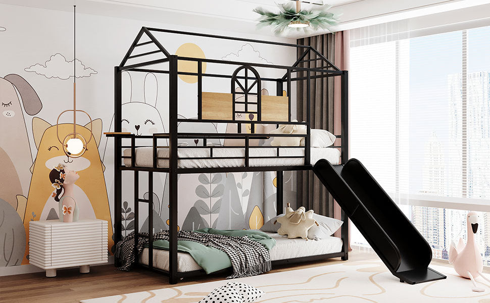 Twin Over Twin Metal Bunk Bed ,Metal Housebed With Slide,Three Colors Available. Black With Black Slide Old Sku :Lp000095Aab Twin Black Metal