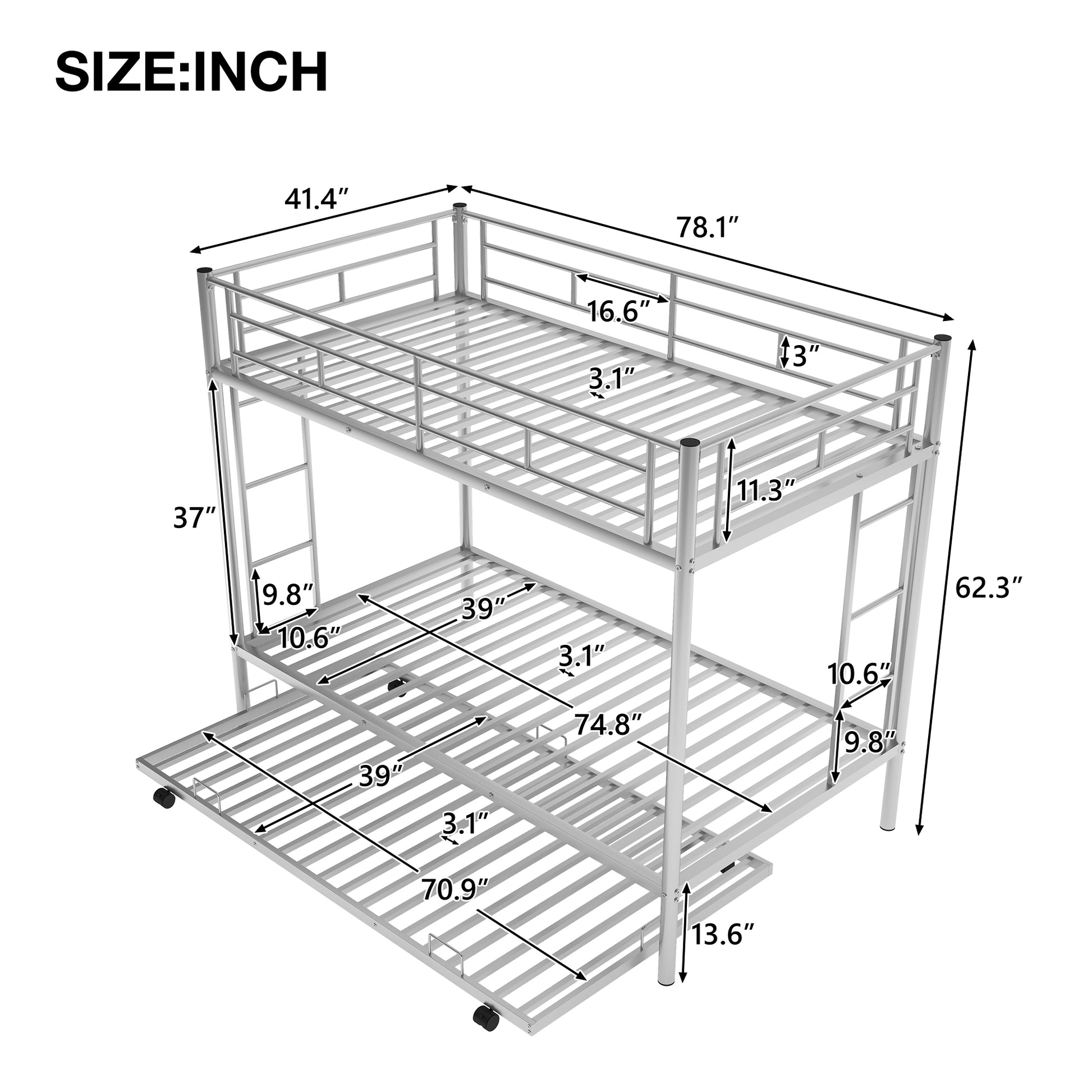 Twin Over Twin Bunk Bed With Trundle, Silver Old Sku:Mf192387Aan Silver Metal