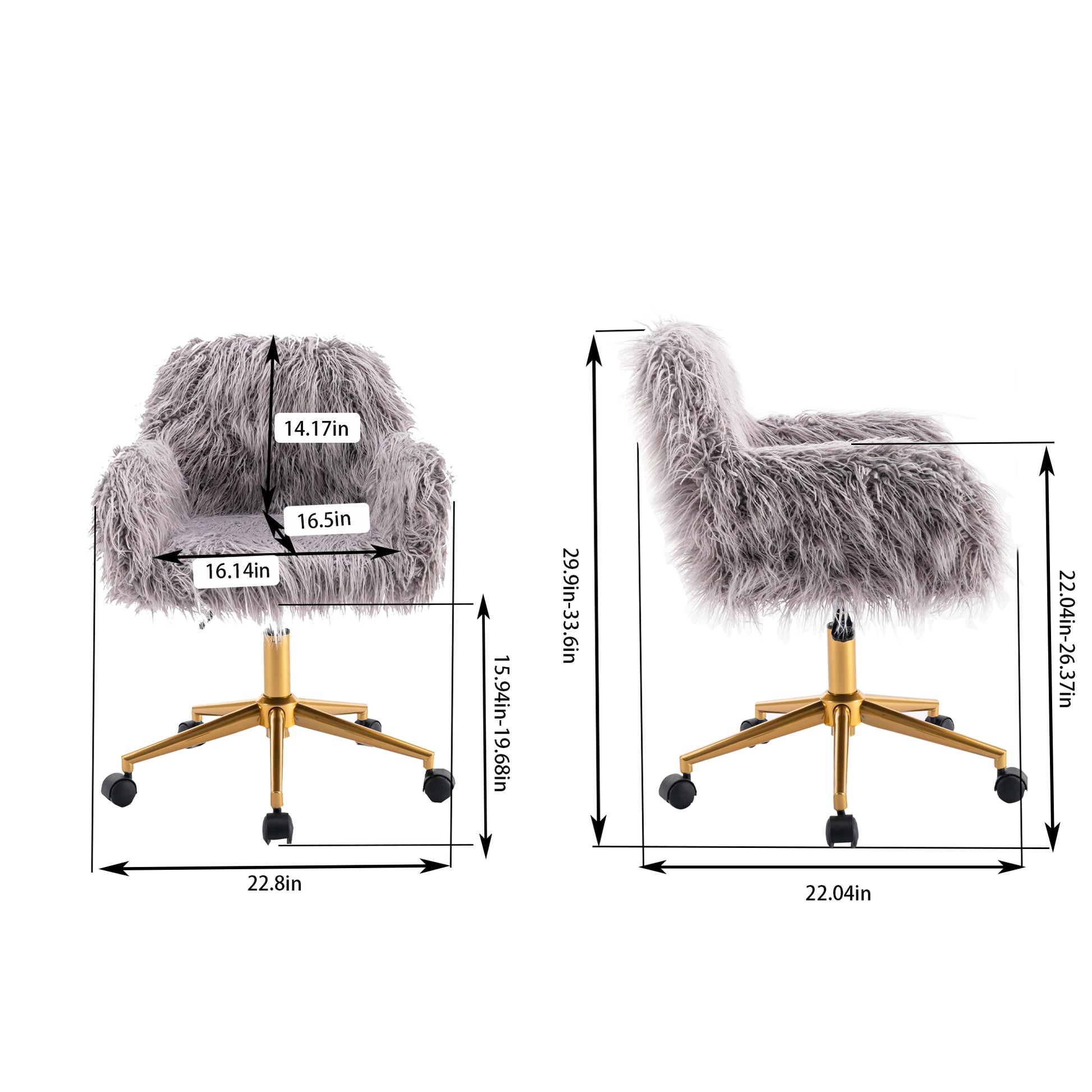 Hengming Modern Faux Fur Home Office Chair, Fluffy Chair For Girls, Makeup Vanity Chair With Gold Plating Base Grey Faux Fur