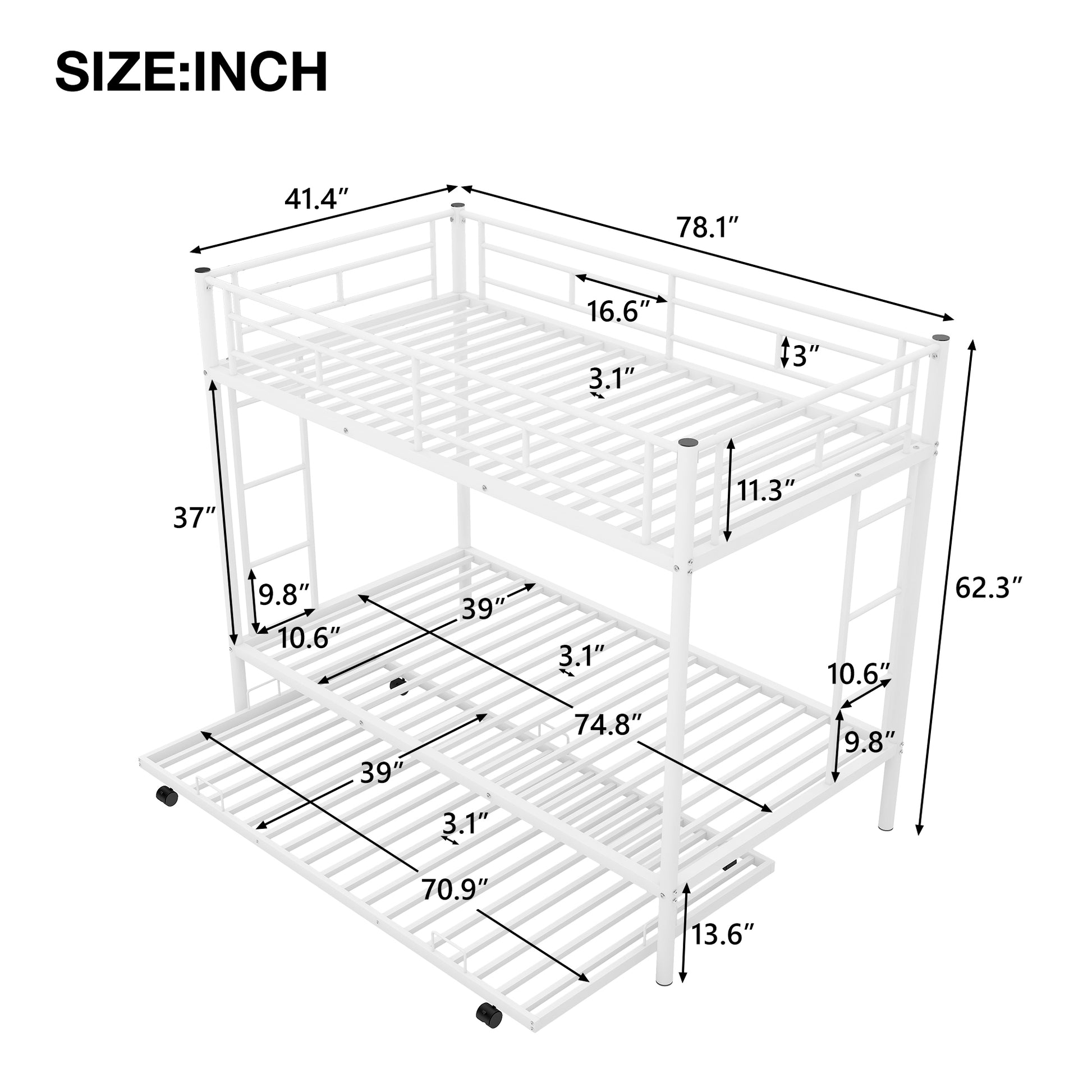 Twin Over Twin Bunk Bed With Trundle, White Old Sku:Mf192387Aak White Metal