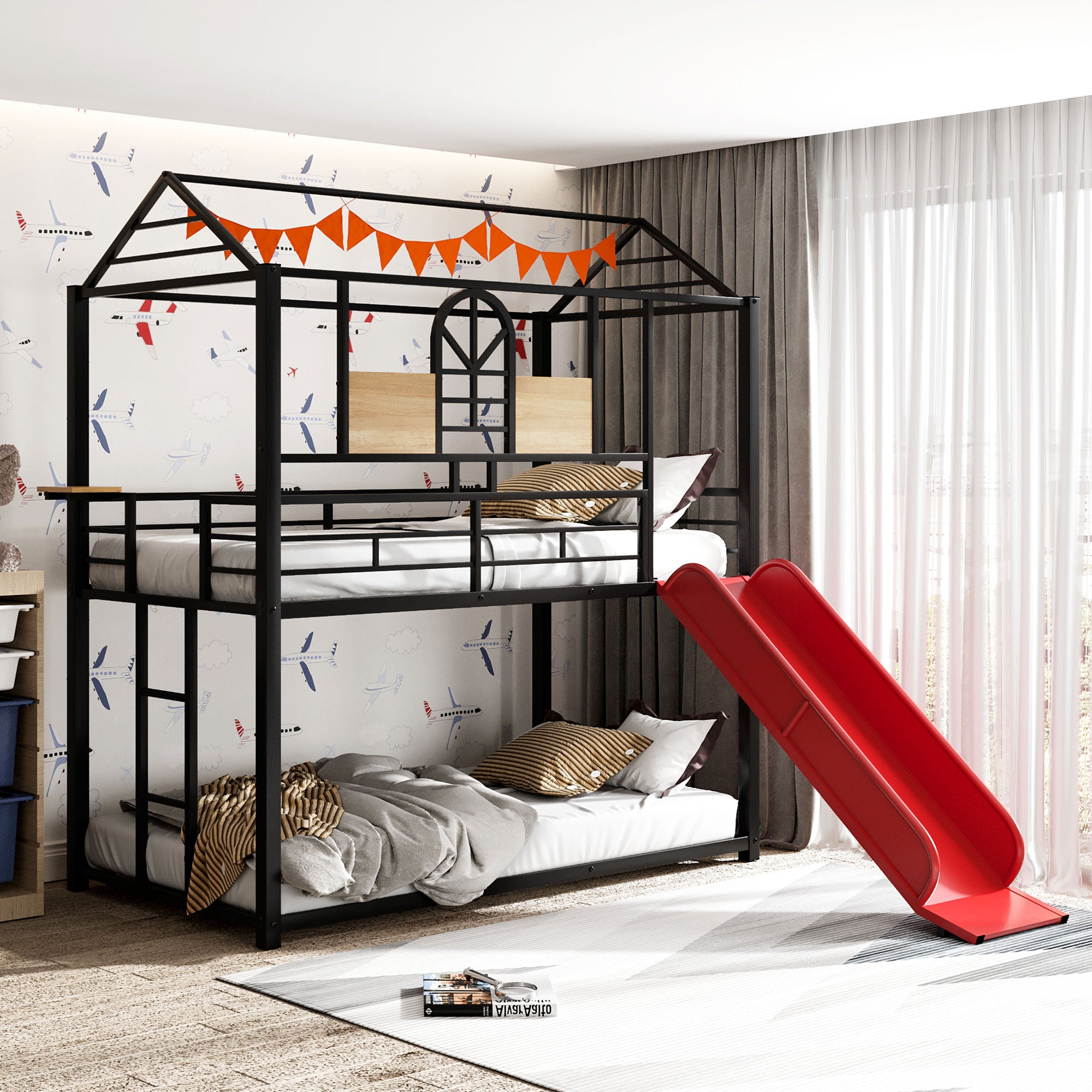 Twin Over Twin Metal Bunk Bed ,Metal Housebed With Slide,Three Colors Available. Black With Red Slide Old Sku :Lp000095Aaj Twin Red Metal