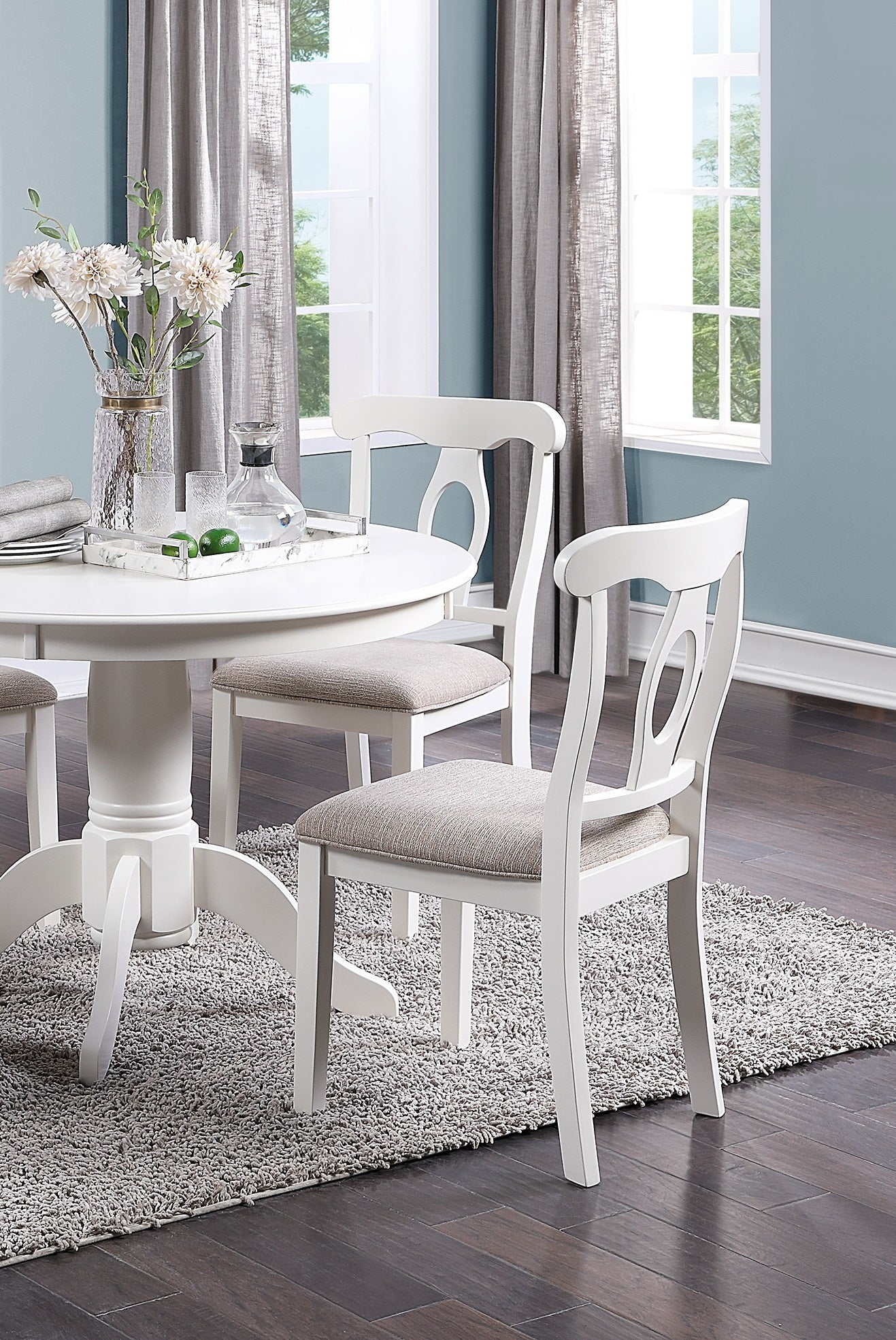Classic Design Dining Room 5Pc Set Round Table 4X Side Chairs Cushion Fabric Upholstery Seat Rubberwood Furniture Wood White White Wood Dining Room Classic,Contemporary,Modern Rubberwood Pedestal Dining Table With Chair Mdf