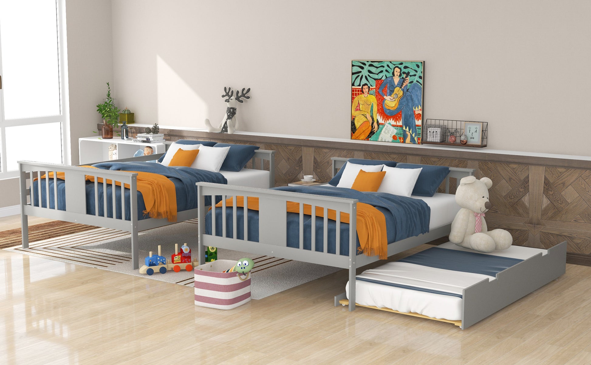 Full Over Full Bunk Bed With Twin Size Trundle And Ladder Gray Old Sku: Lp000204Aae Gray Solid Wood