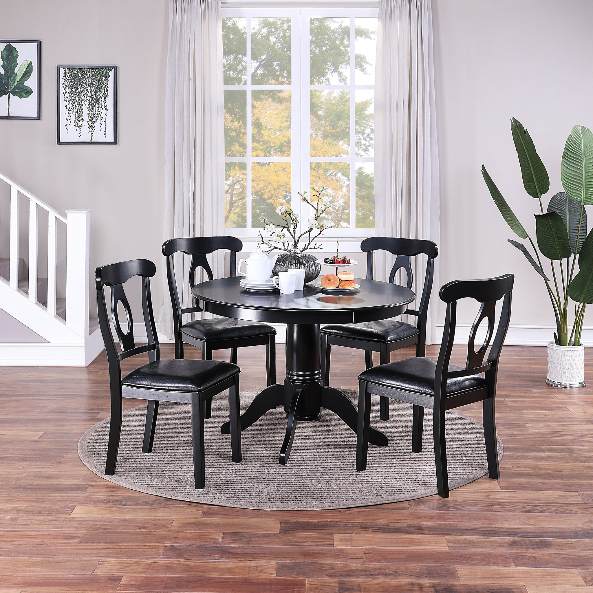 Classic Design Dining Room 5Pc Set Round Table 4X Side Chairs Cushion Fabric Upholstery Seat Rubberwood Black Color Furniture Wood Wood Black Seats 4 Wood Dining Room 42 Inches Classic,Contemporary,Modern Rubberwood Pedestal Round Dining Table With Chair