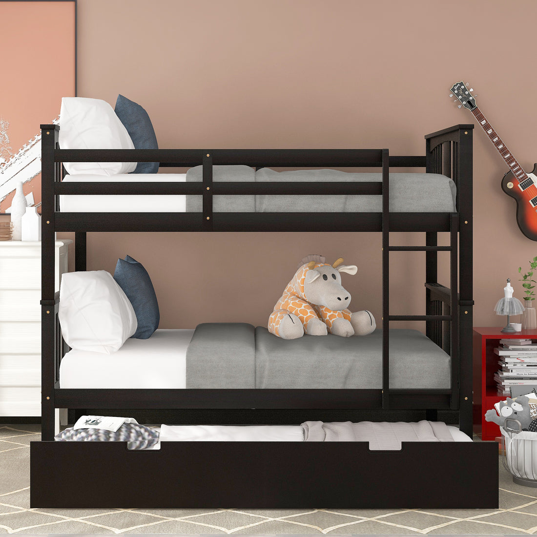 Full Over Full Bunk Bed With Twin Size Trundle And Ladder White Old Sku: Lp000204Aap Espresso Solid Wood