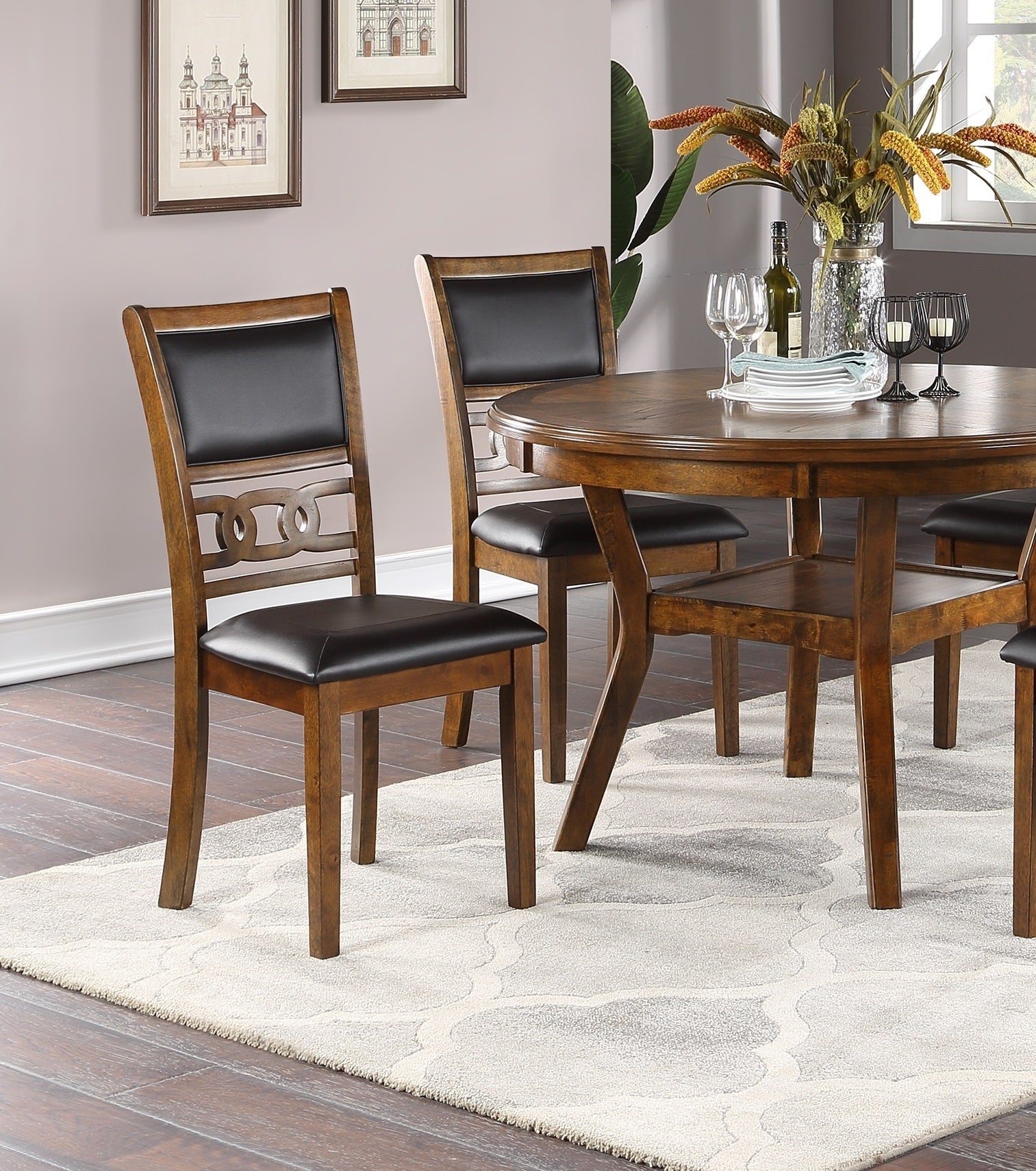 Contemporary Dining 5Pc Set Round Table W 4X Side Chairs Walnut Finish Rubberwood Unique Design Wood Wood Walnut Seats 4 Wood Dining Room Contemporary,Modern,Transitional Rubberwood Round Dining Table With Chair Rubber Wood