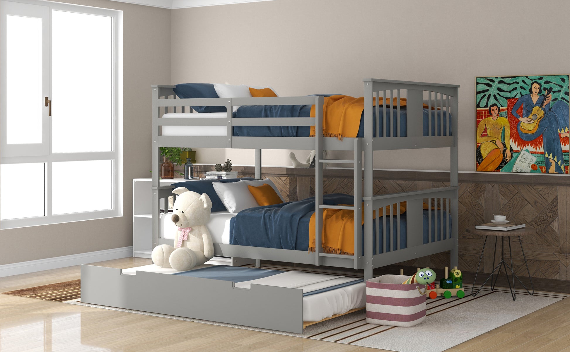 Full Over Full Bunk Bed With Twin Size Trundle And Ladder Gray Old Sku: Lp000204Aae Gray Solid Wood