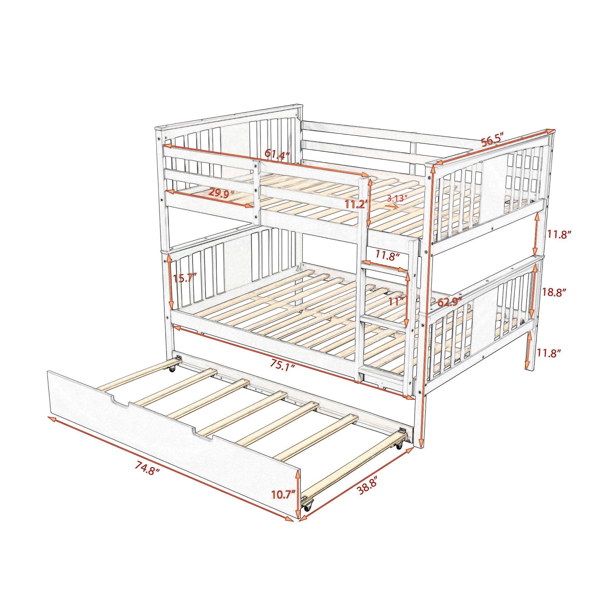 Full Over Full Bunk Bed With Twin Size Trundle And Ladder White Old Sku: Lp000204Aak White Solid Wood