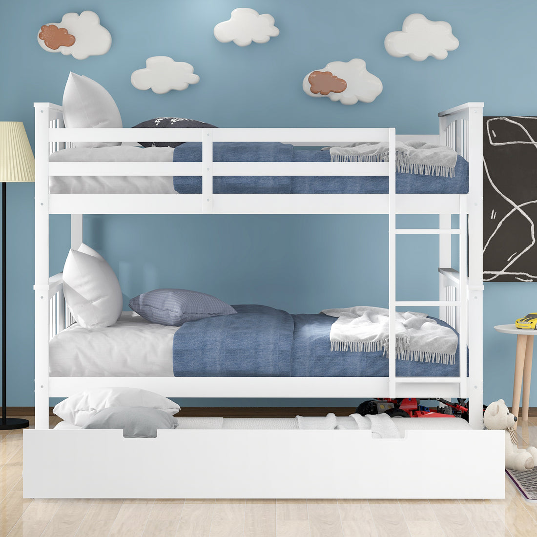 Full Over Full Bunk Bed With Twin Size Trundle And Ladder White Old Sku: Lp000204Aak White Solid Wood