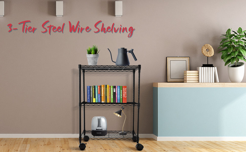 Simple Deluxe Heavy Duty 3 Shelf Shelving With Wheels, Adjustable Storage Units, Steel Organizer Wire Rack, 23" W X 13" D X 33" H, Black Black Aluminium