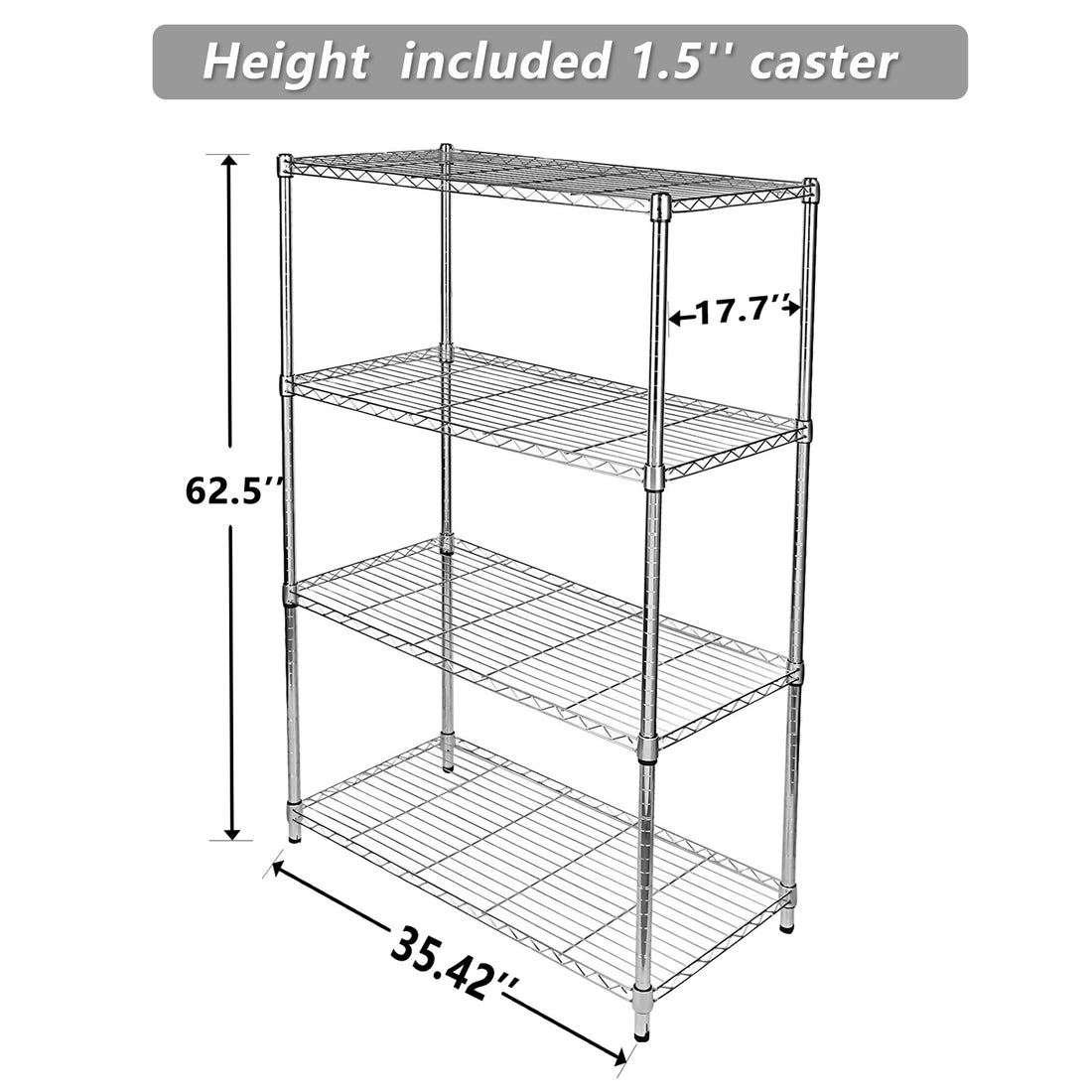 Simple Deluxe 4 Tier Heavy Duty Storage Shelving Unit, Heught Adjustable, Chrome,35.43" D X 17.72" W X 65.35" H, 1 Pack Silver Steel